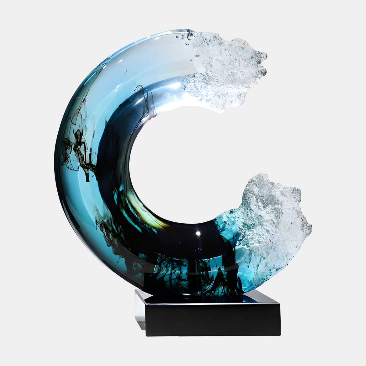 Teal & Black Broken Ring Resin Sculpture, 60cm, with frosted crystal tips bridging the gap, set on a black marble base against a plain light grey background.
