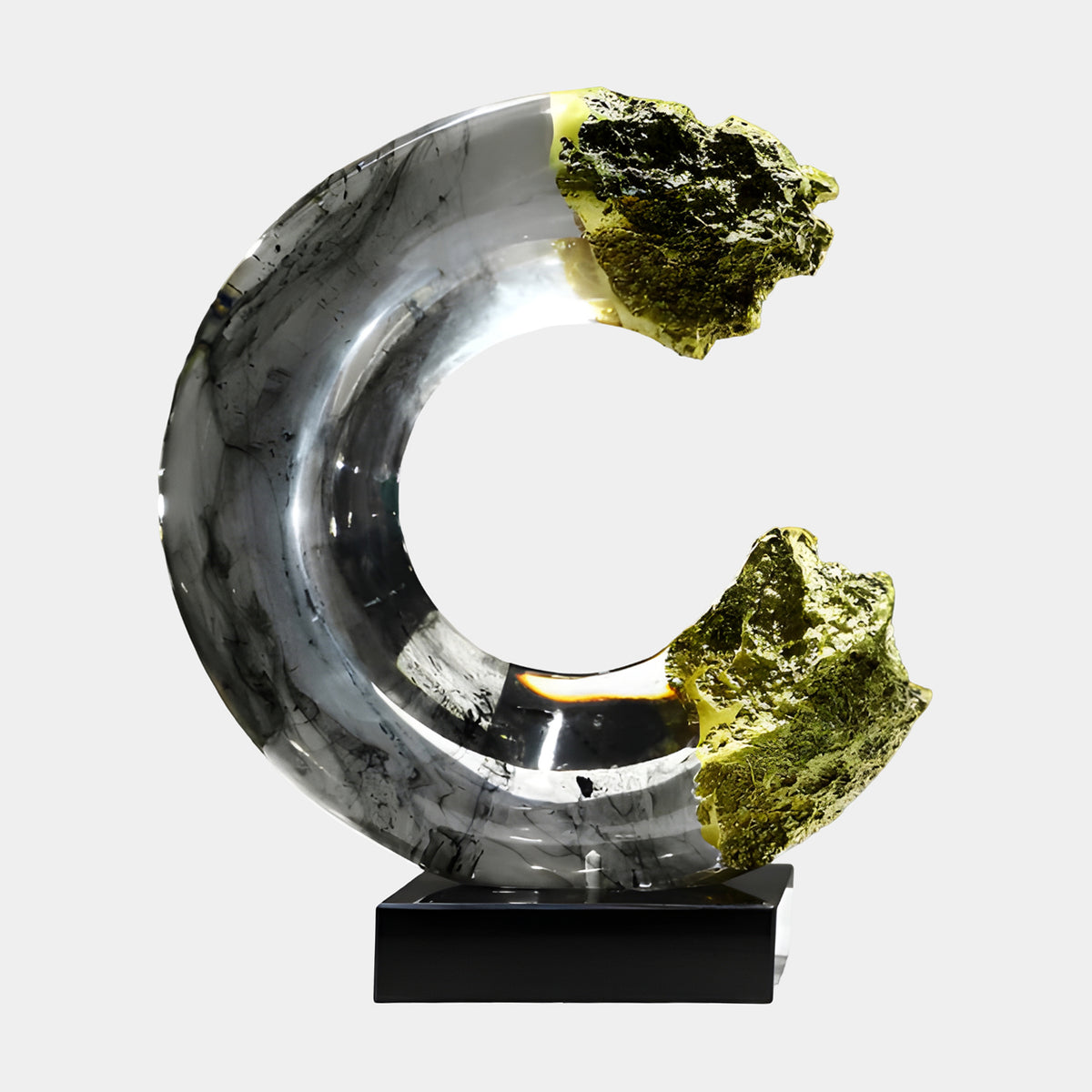 Smoke Grey Gold Broken Ring Resin Sculpture, 60cm, with marbled grey ring and rough gold leaf ends on a black marble base, plain white background.