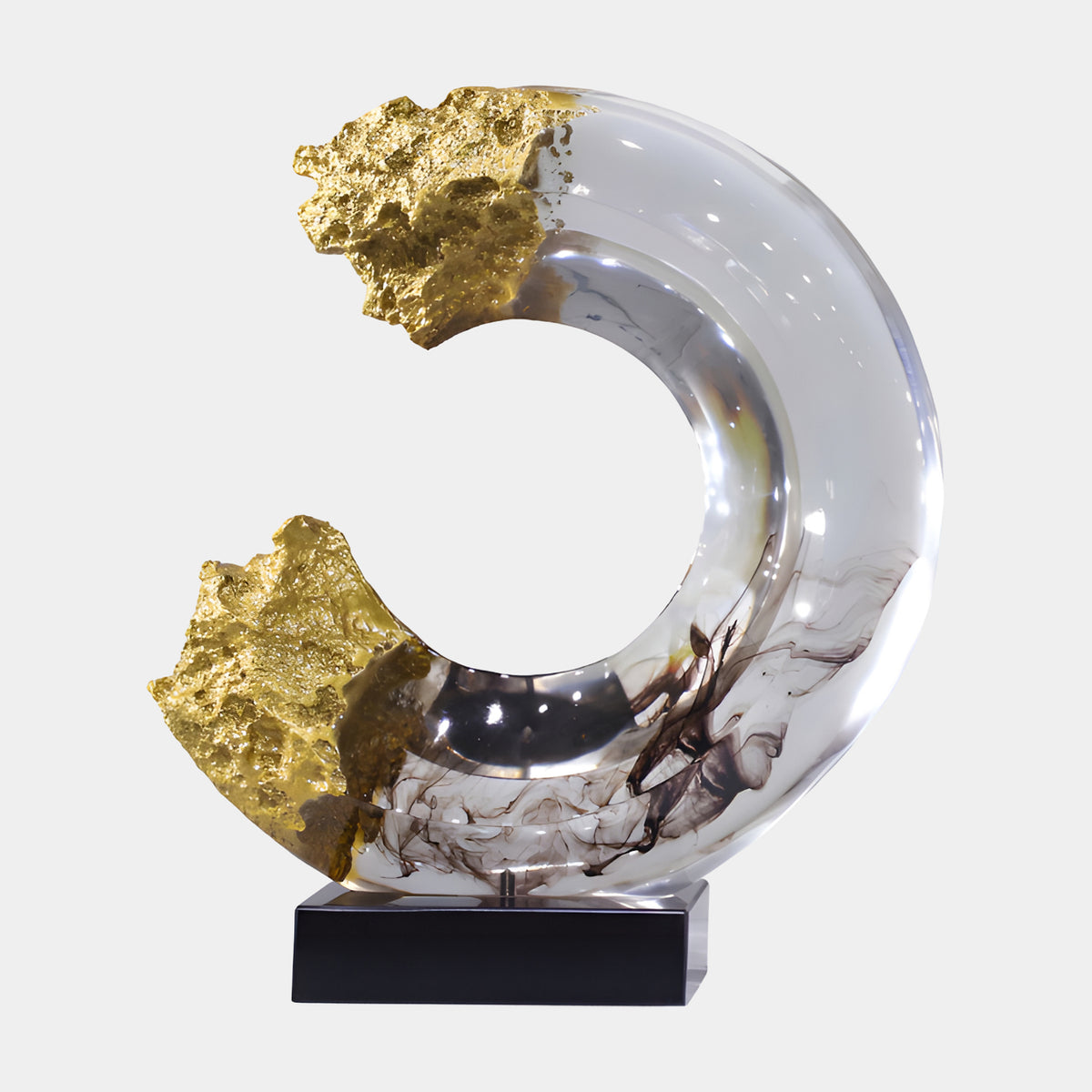 Clear Gold Leaf Broken Ring Resin Sculpture, 60cm, with gold leaf crusted edges and faint smoke-like swirls, on a black marble base against a plain light background.