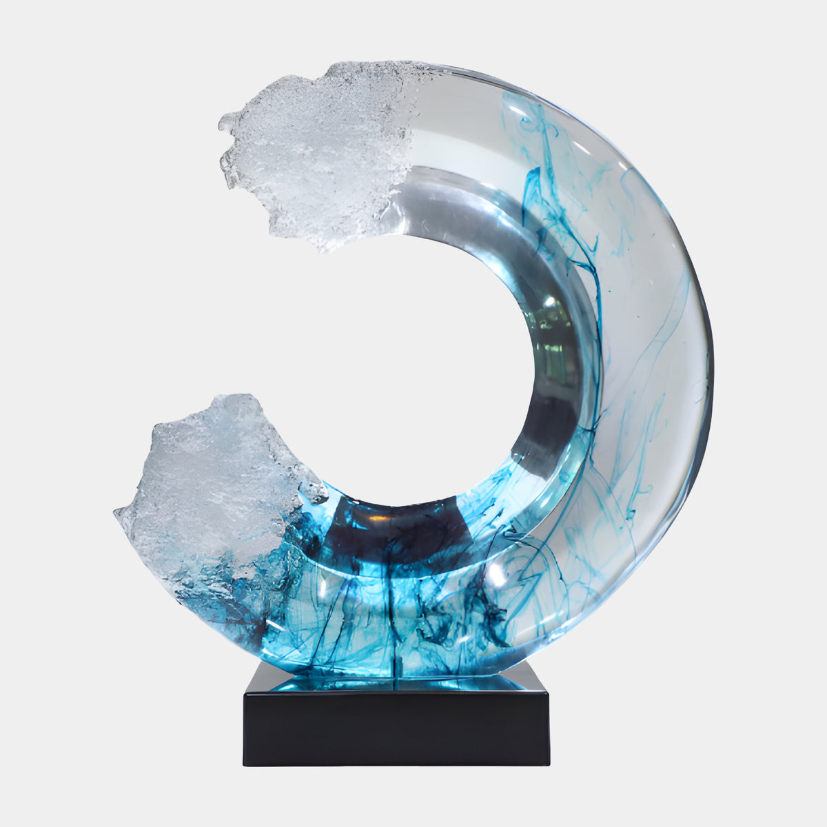 Clear Blue Veined Broken Ring Resin Sculpture, 60cm, with frosted white crystal tips on a black marble base, shown on a plain white background.