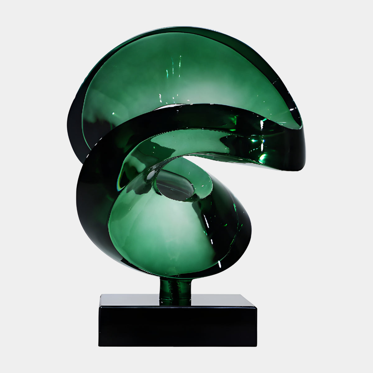 Green Wound Spiral on Marble Resin Sculpture - 45cm, a coiled green resin form on a black marble base, shown against a plain light background.