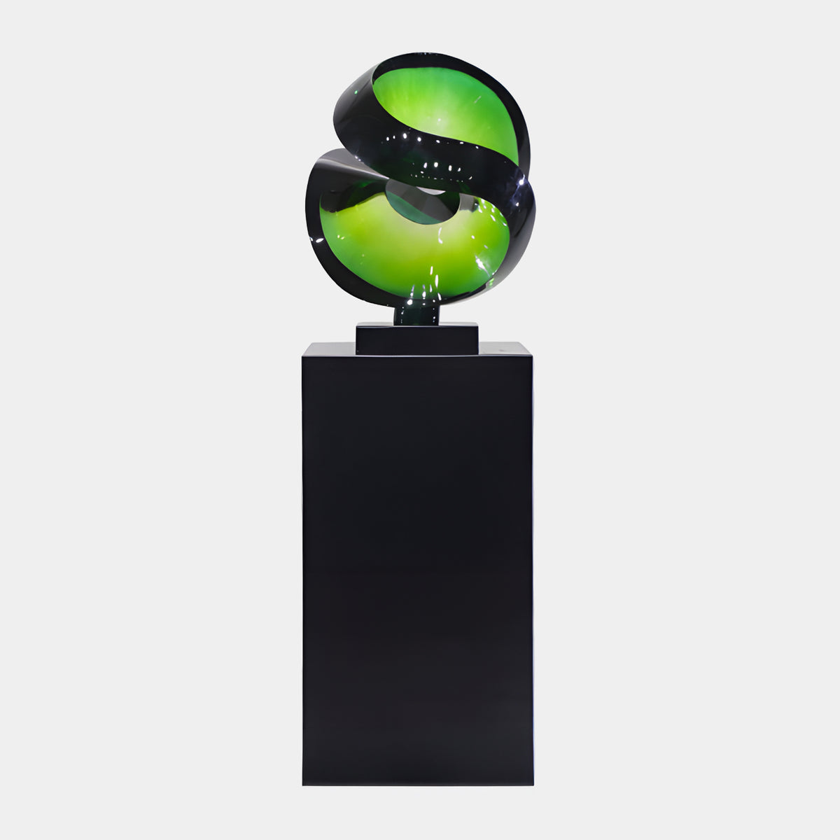 Green Cut Sphere on Tall Marble Plinth Resin Sculpture - 167cm, a black and green swirled sphere atop a tall black plinth, shown against a plain light background.