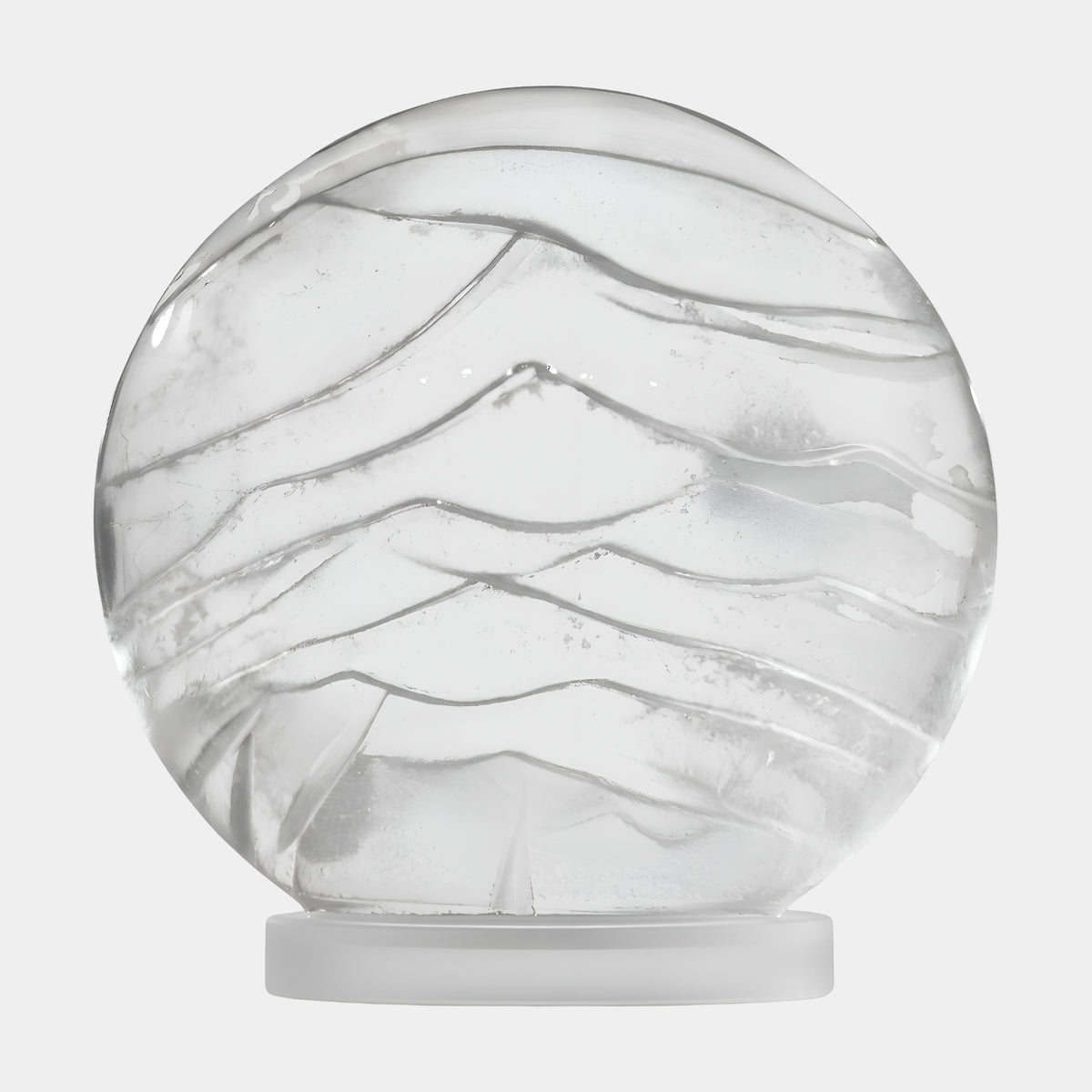 Clear Cut Mountain Range Disc Resin Sculpture, 38cm, round clear resin disc with layered mountain ridges in low relief, frosted integral base, on a plain white background.