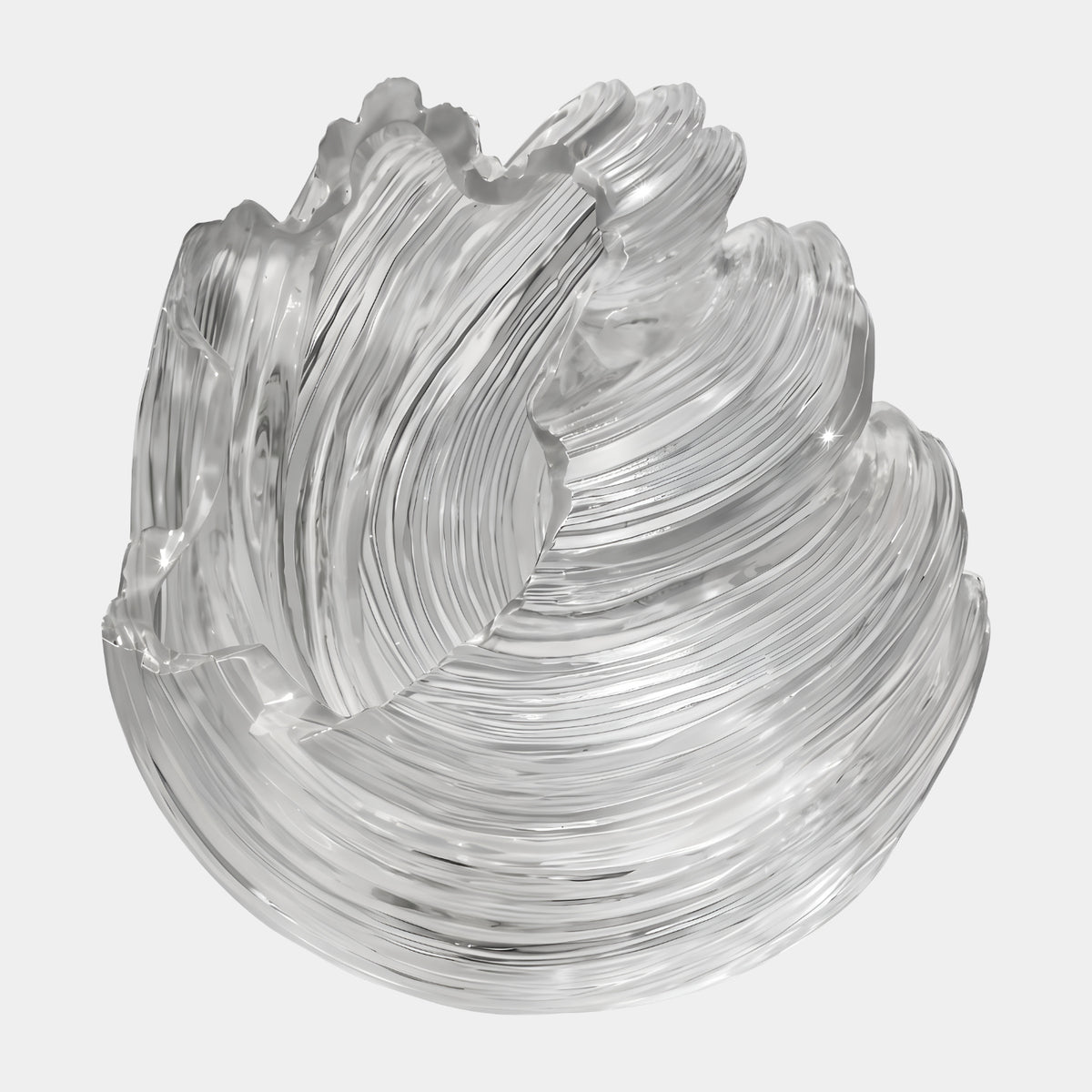 Clear Ridged Spiral Whorl Resin Sculpture (100cm) by Giant Sculptures, a shell-like spiral with ridged, scalloped edges, shown on a plain white background.
