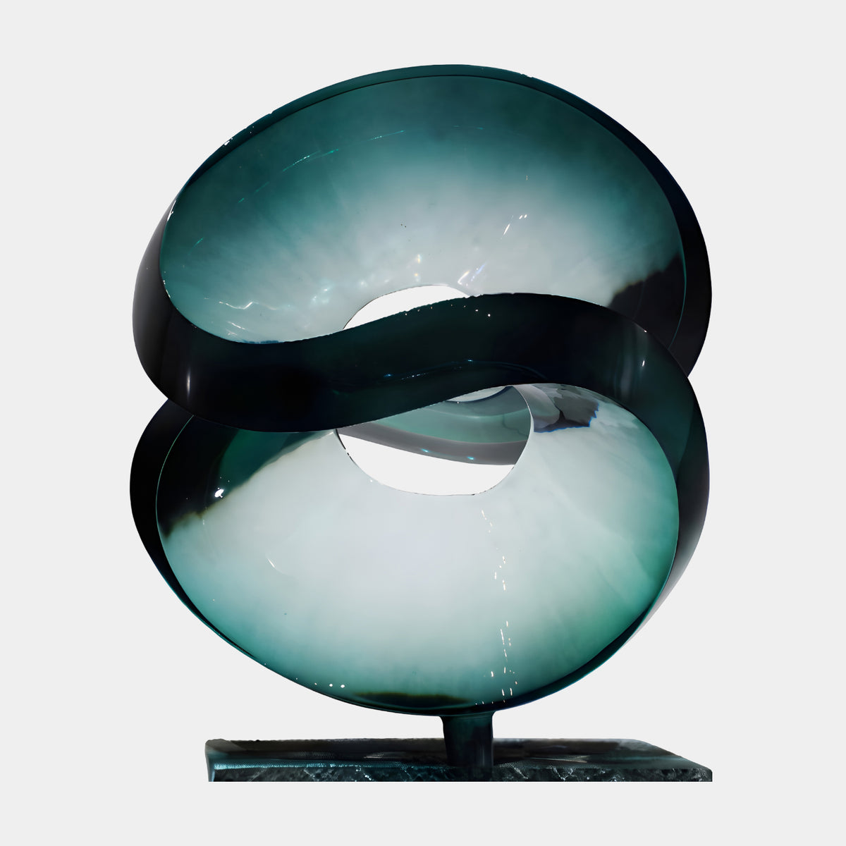 Teal Two Scoop Cut Sphere Resin Sculpture - 69cm, a swirling double-scoop form in dark teal fading to white, set on a short stem atop a dark slab base, shown against a plain light background.