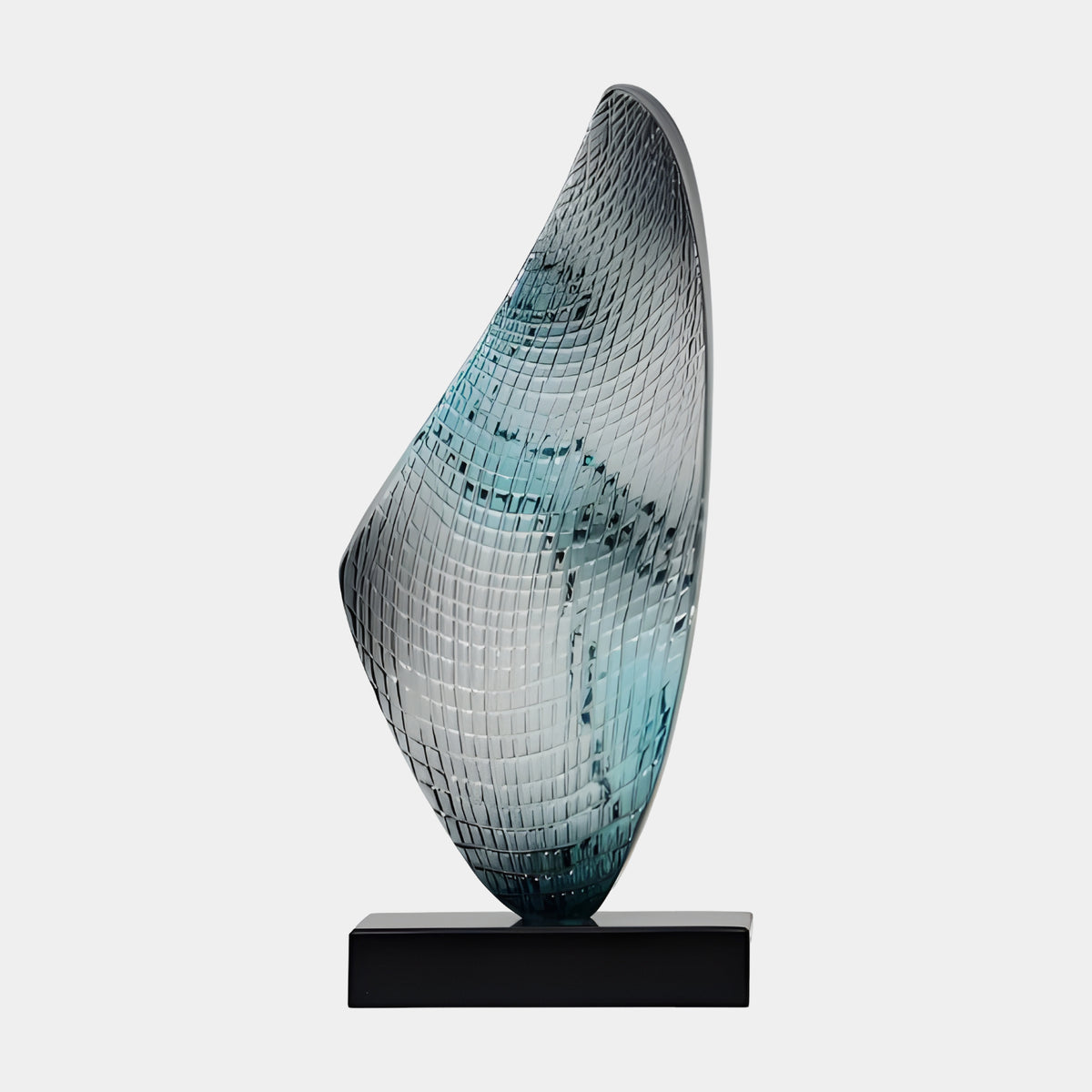 Teal Gridded Upright Leaf Resin Sculpture, 49cm, grey and teal leaf form with fine grid texture tapering to a point, on a black marble base, plain white background.