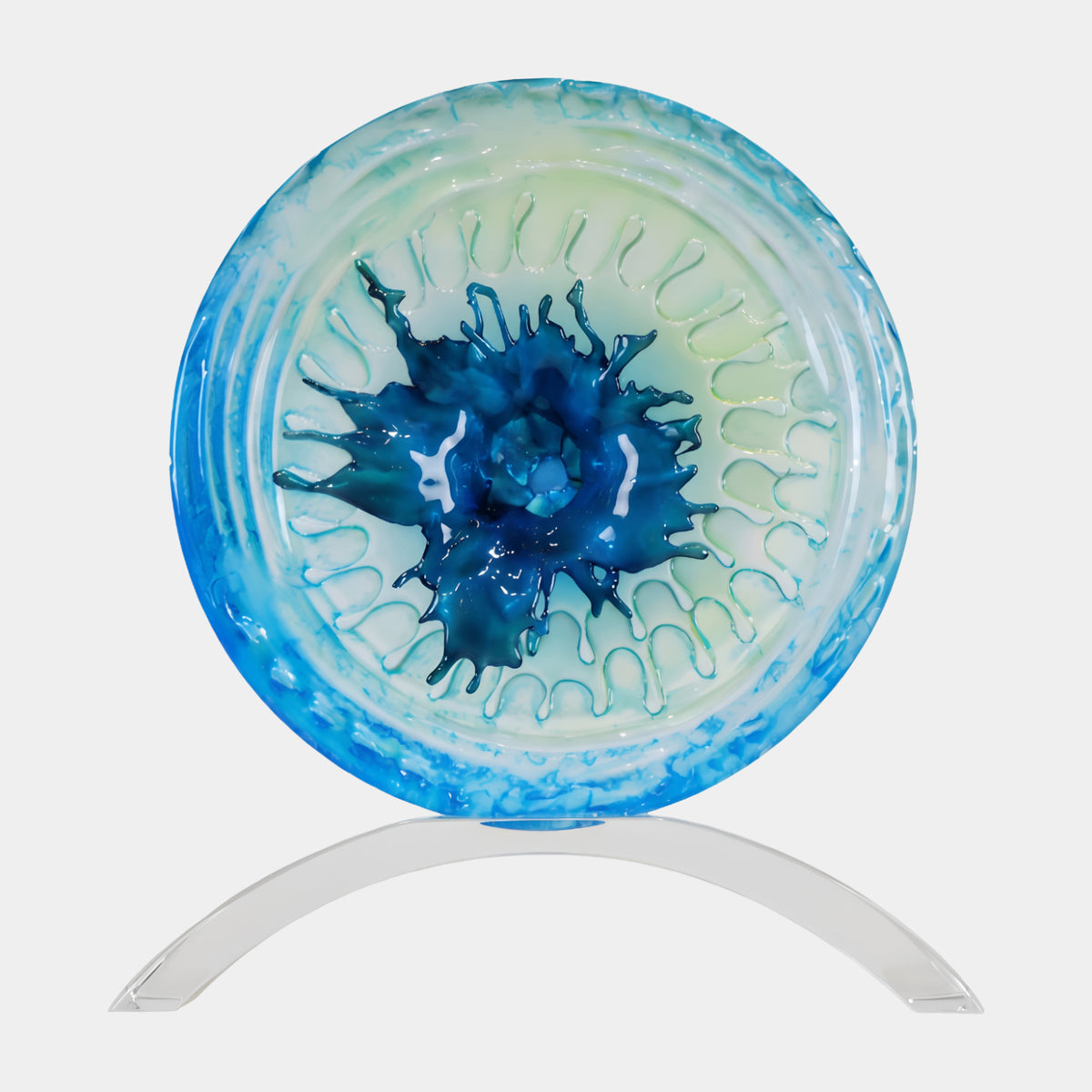 Blue Burst Centre Disc Resin Sculpture - 70cm on a clear arched stand, frosted blue-to-green disc with a raised dark blue burst and drip lines, shown against a plain white background.