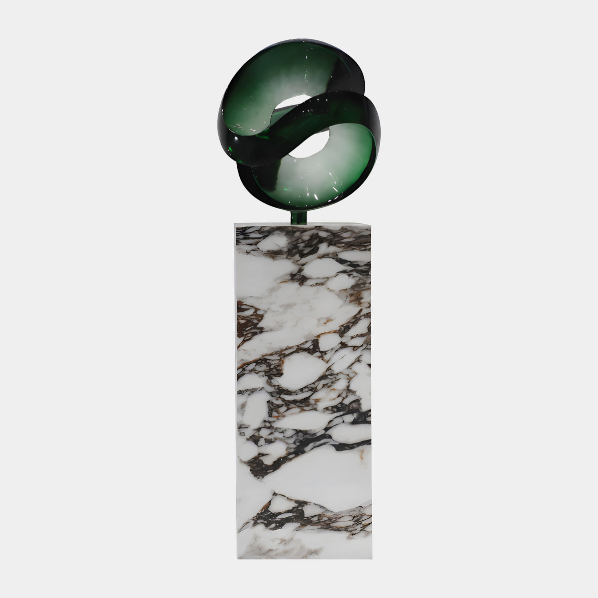 Green Cut Sphere on a White Marble Plinth Resin Sculpture - 132cm