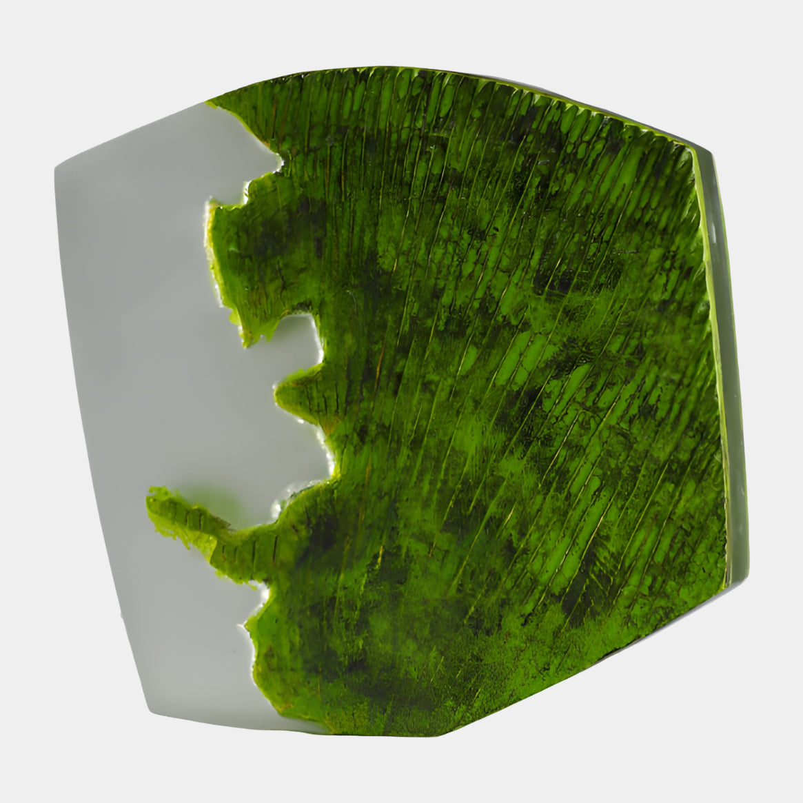 Green Frosted Ragged Edge Plate Resin Sculpture, 20cm, with clear frosted edge and combed green field meeting in a jagged line, on a plain white background.