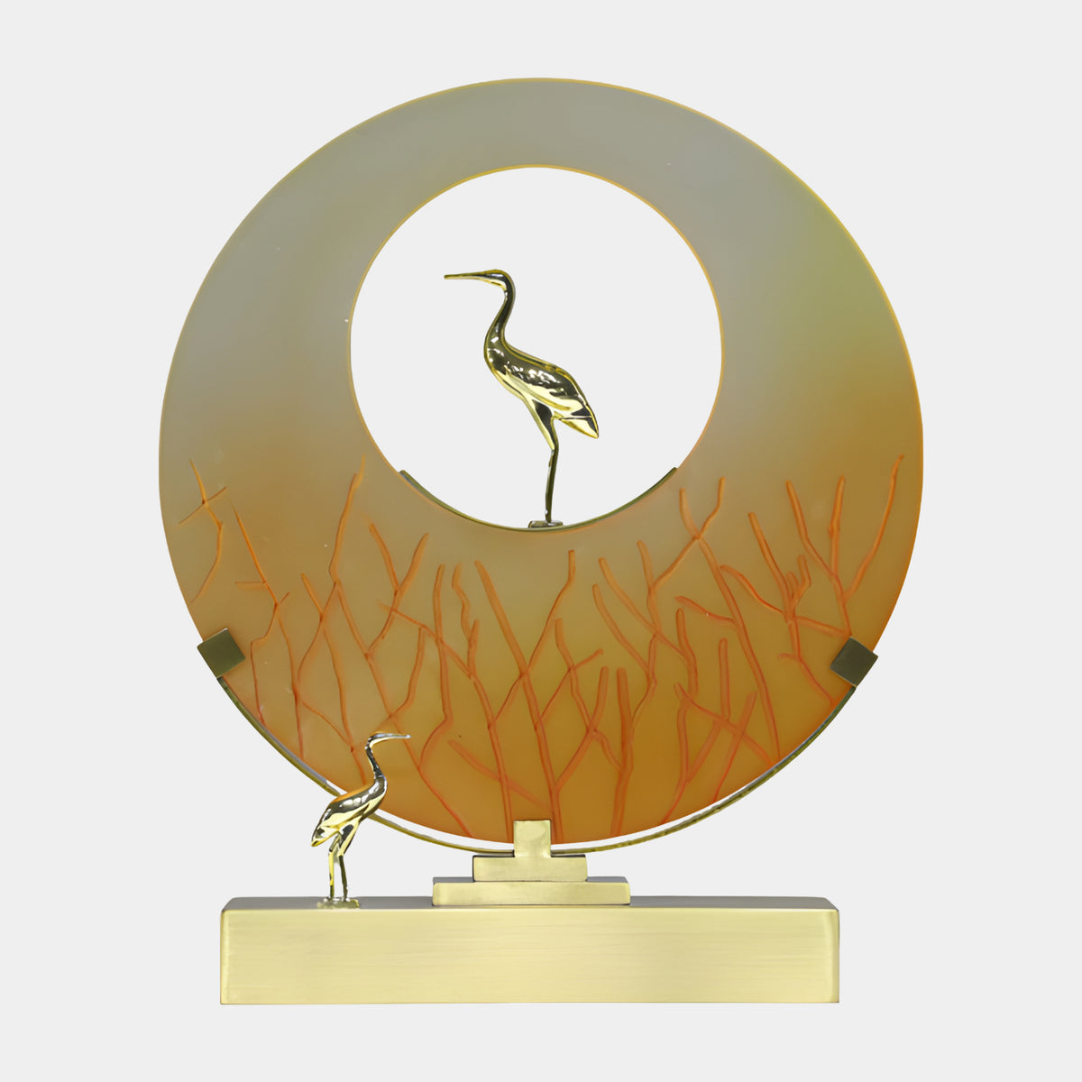 Amber Jade Effect Pierced Disc & Brass Birds Resin Sculpture - 40cm