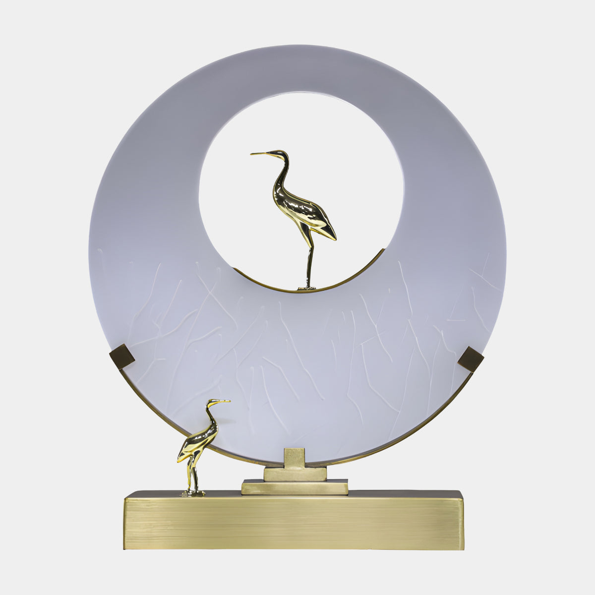 Lavender Jade Effect Pierced Disc & Brass Birds Resin Sculpture, 40cm, with two brass cranes on a brushed brass base, shown on a plain white background.