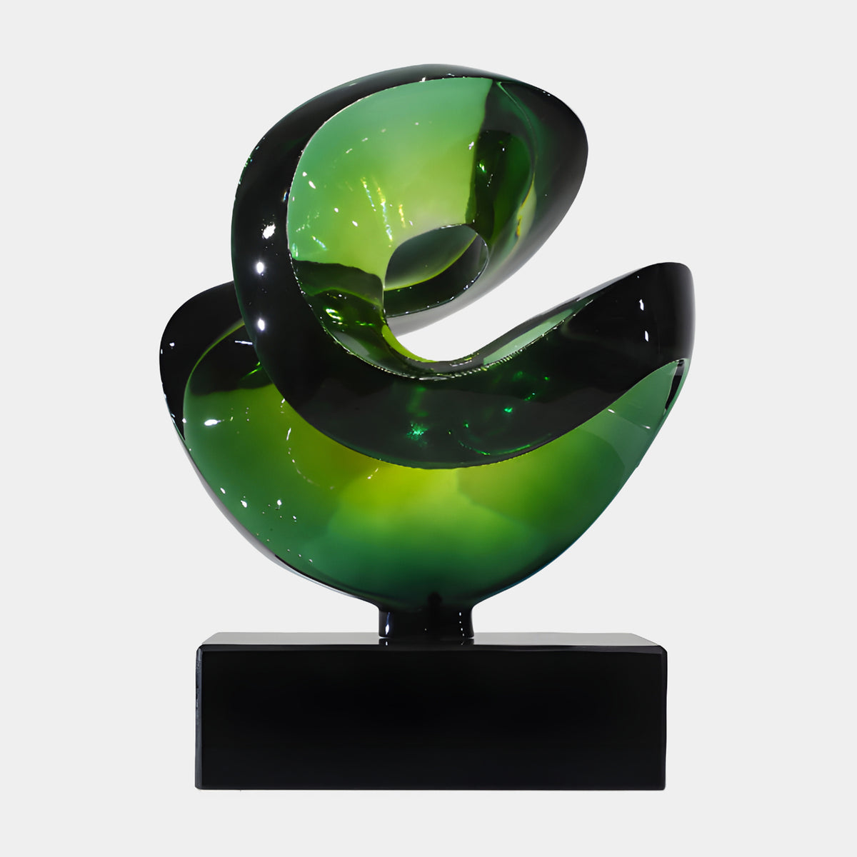 Green Cut Sphere on Black Marble Resin Sculpture, 30cm, with swirling cut-glass-like green scoops and dark rim bands on a thin black base, shown against a plain white background.