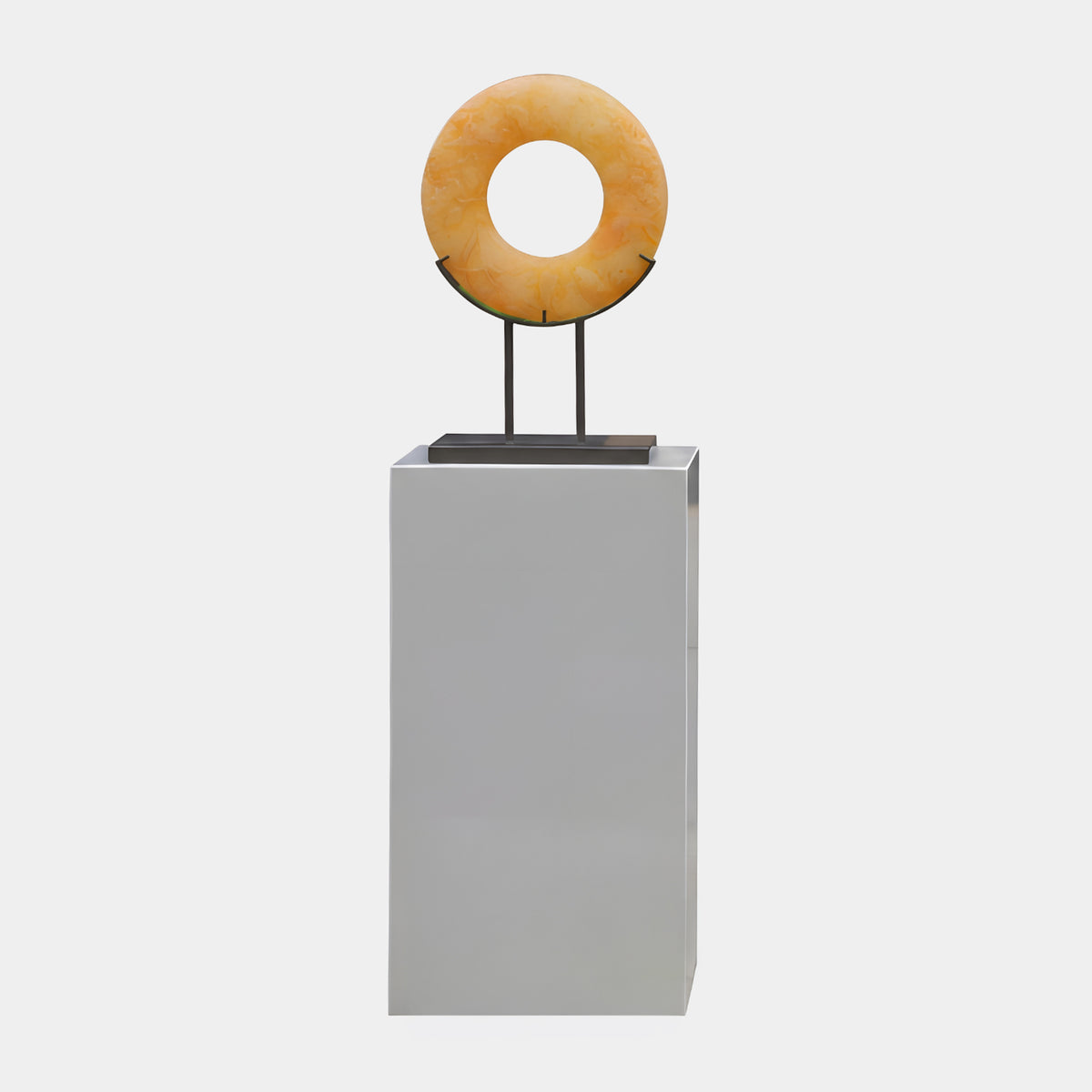 Honey Jade Effect Ring on Marble Column Resin Sculpture, 80cm, mounted on slim metal posts atop a grey column base, set against a plain light background.