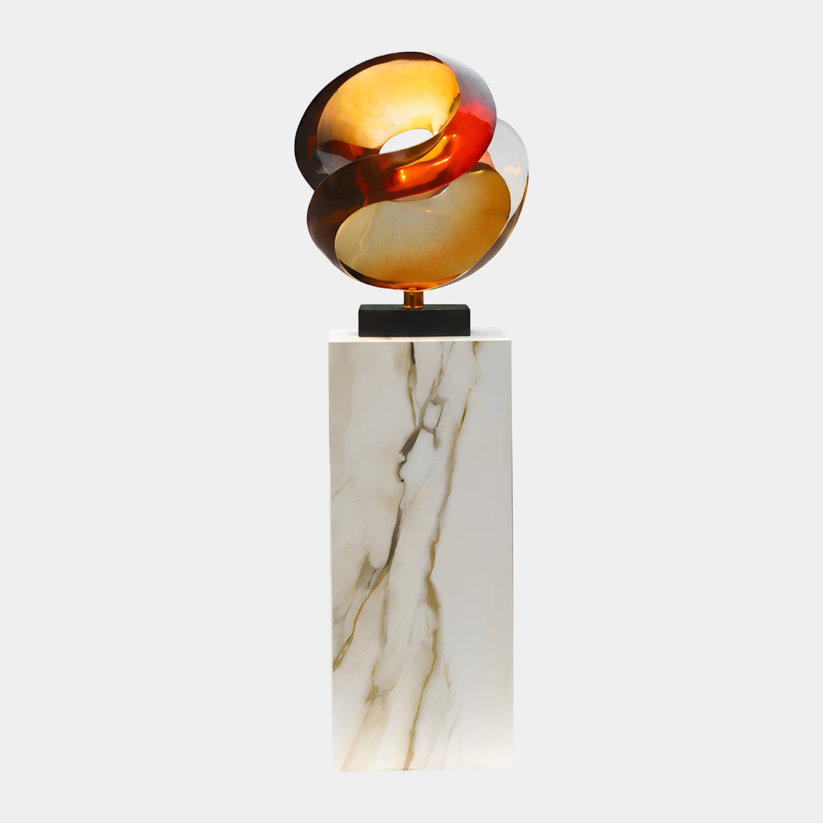 Amber Cut Sphere on a White Marble Plinth Resin Sculpture - 156cm, swirled amber resin form on a black base atop a white and gold marble plinth, plain background.