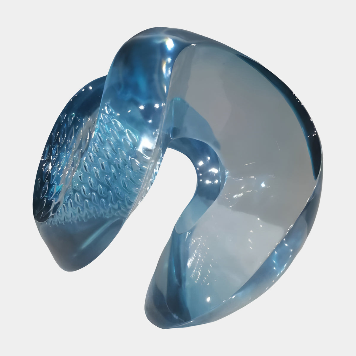 Blue Textured Lobe Open Curve Resin Sculpture, 31cm, glossy blue curved form with one dimpled lobe and smooth surfaces, on a plain white background.