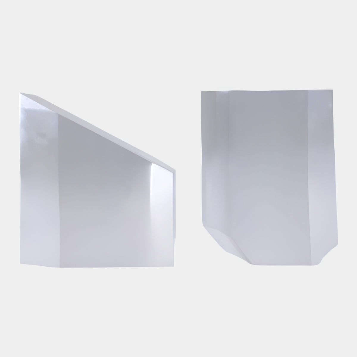Frosted Angle-Cut Acrylic Block Sculpture - 24cm by Giant Sculptures, shown as a wedge and a chamfered upright block in frosted acrylic on a plain white background.