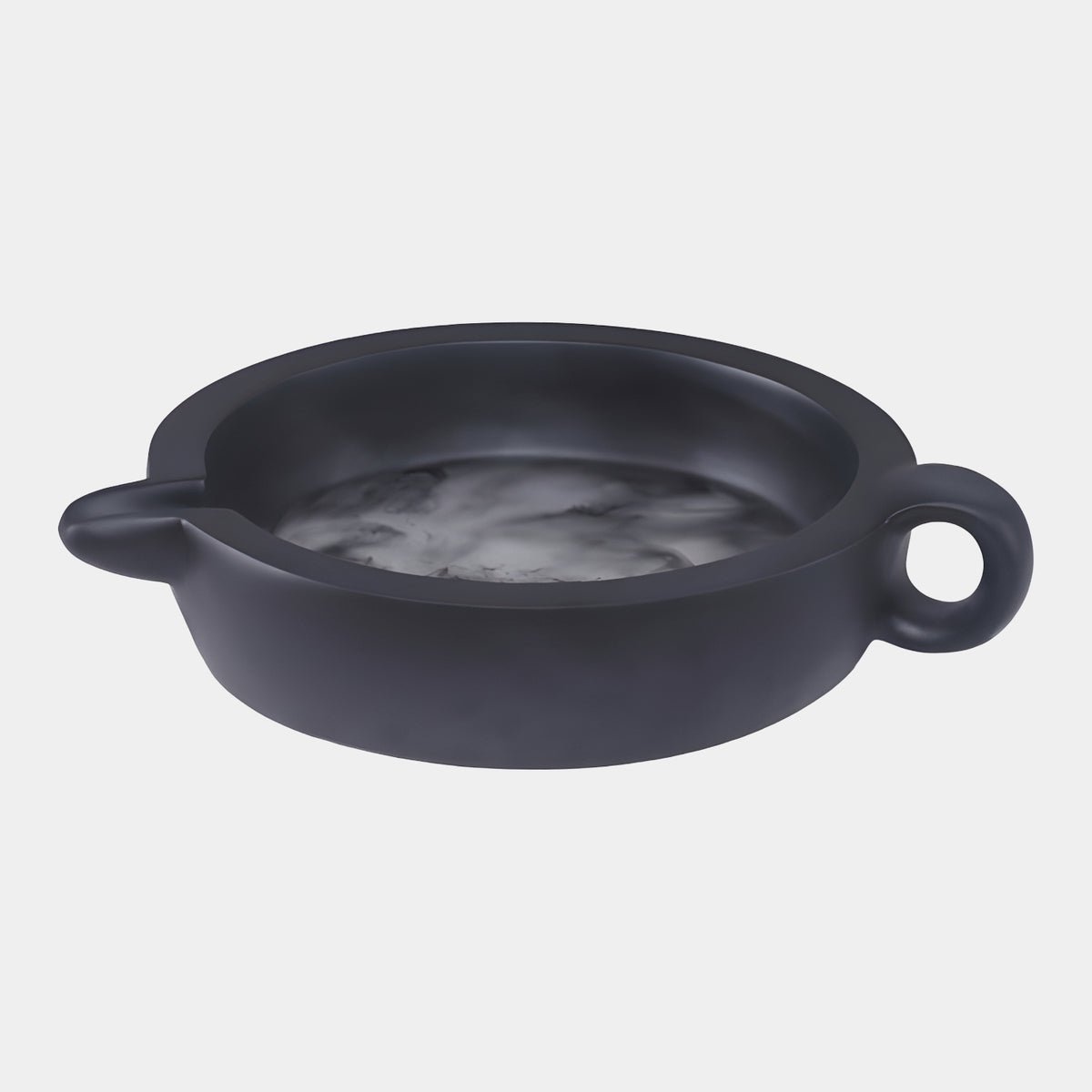 Black Marbled Two Handled Resin Dish - 37cm with a matt black rim, grey smoke-marbled interior, a solid lug handle on one side and a ring handle on the other, shown on a plain white background.