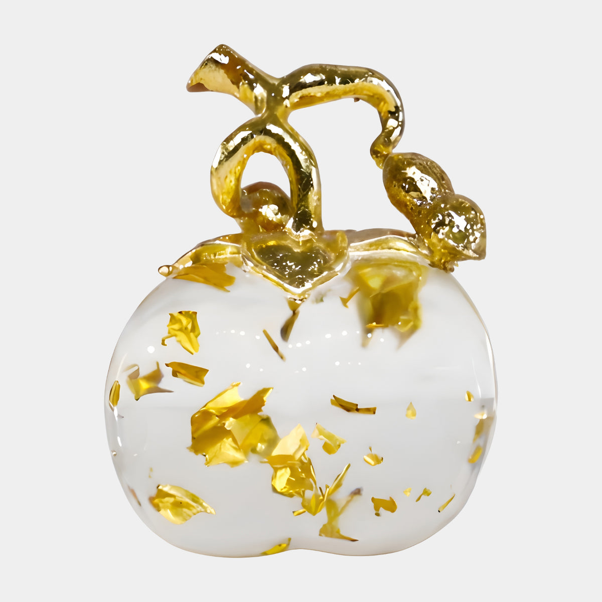 White Gold Leaf Apple Resin Sculpture, 11cm, with gold-flecked white body and gilded curled stem and leaf, shown on a plain white background.