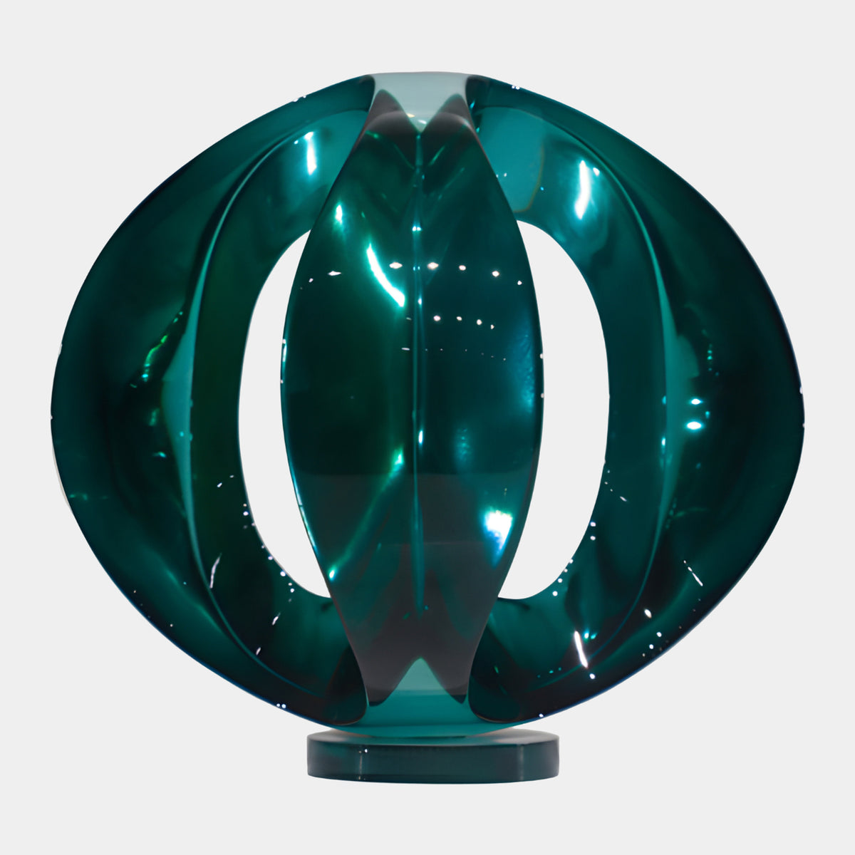 Teal Four Segment Cut Sphere Resin Sculpture - 30cm, glossy teal segments curving around a central core on an integrated disc base, plain white background.