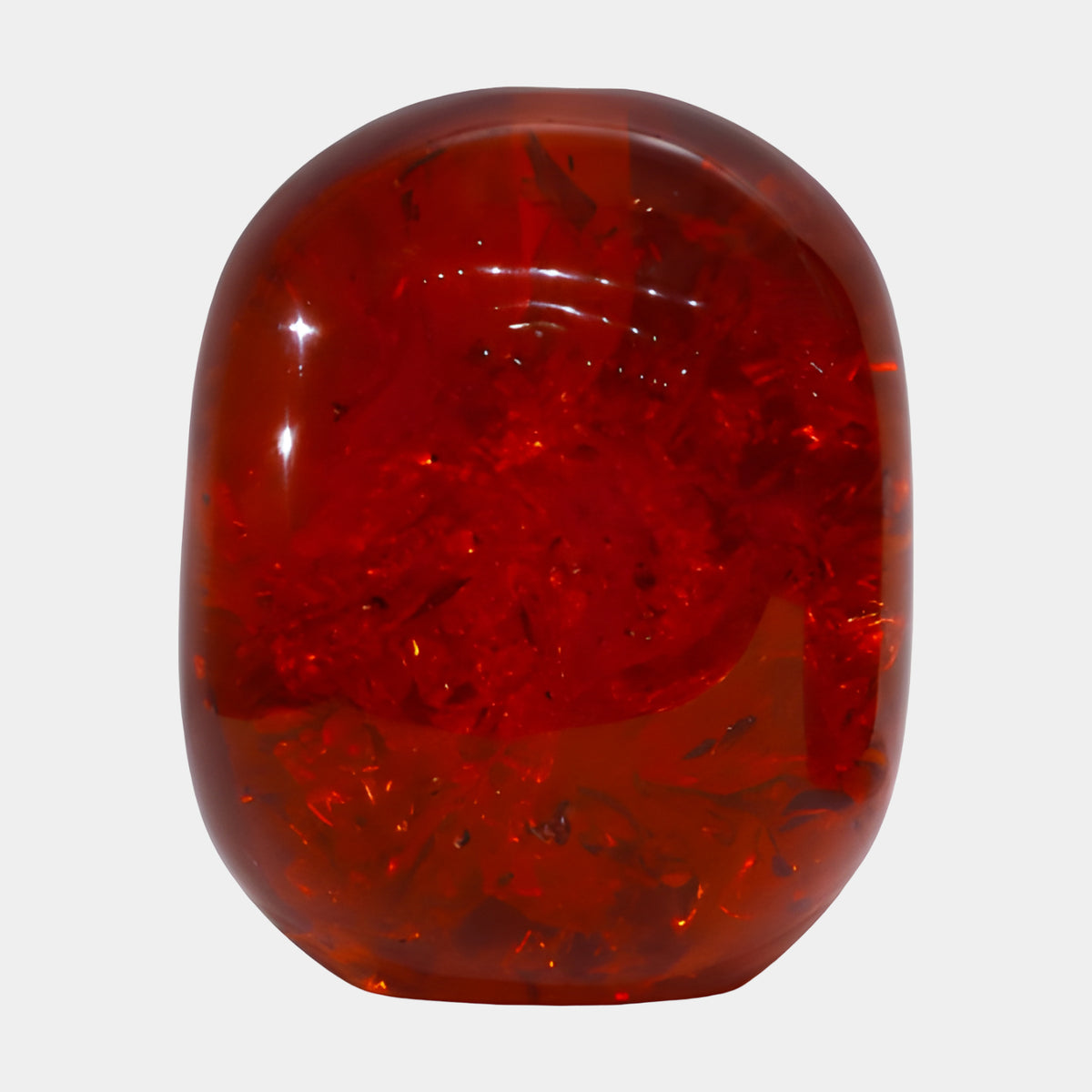 Red Clouded Inclusion Mass Resin Sculpture, 25cm, smooth rounded red resin form with internal cloudy fractures, flat base, on a plain white background.