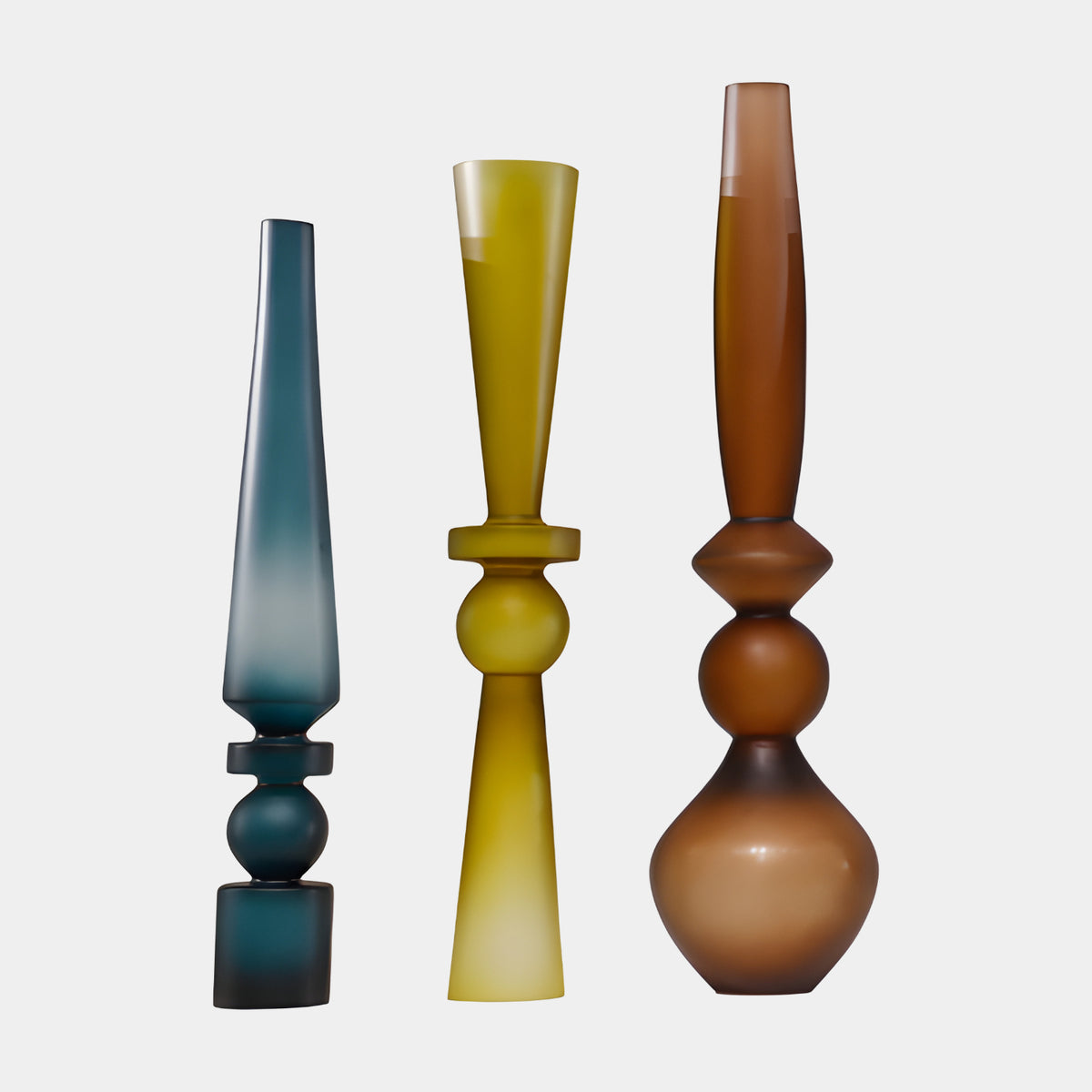 Frosted Turned Profile Vase Resin Sculpture in teal, yellow, and brown, three tapered forms with stacked disc and ball details, on a plain white background.