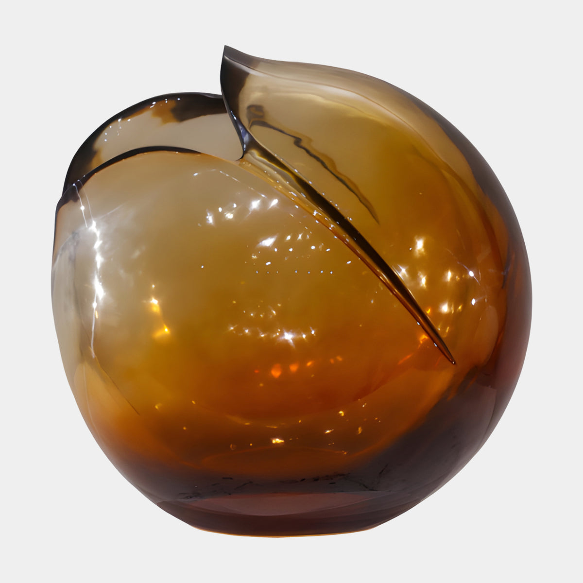 Amber Split Peel Sphere Resin Sculpture, 65cm, glossy sphere with curled peel split at top, gold-to-brown gradient, on a plain white background.