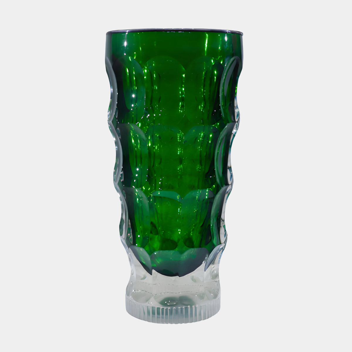 Green & Clear Faceted Vase Resin Sculpture (95cm) with emerald lens-like facets rising from a clear ribbed foot, shown against a plain white background.