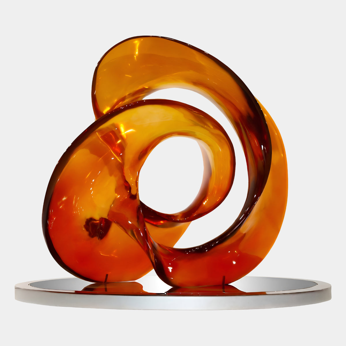 Amber Red Looping Ribbon on Steel Disc Resin Sculpture, 120cm, a looping amber-to-red resin band on a mirror-polished steel disc base, shown against a plain white background.