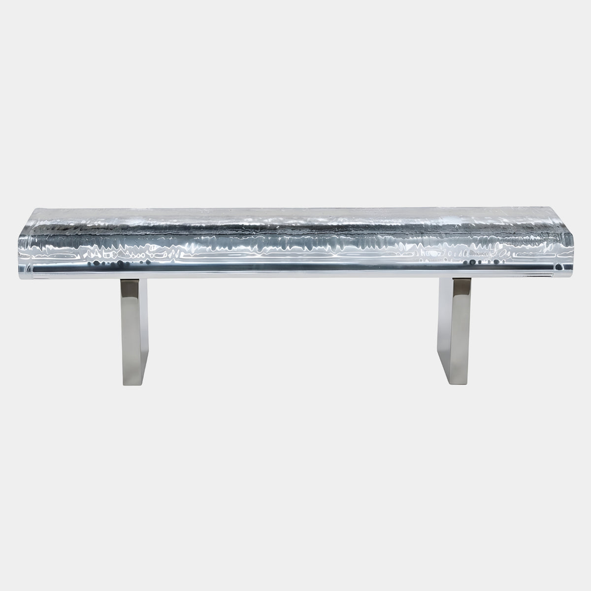 Clear Rippled Slab Acrylic Bench on Plate Legs, 140cm, with a rippled clear acrylic seat on silver steel plate legs, shown on a plain white background.