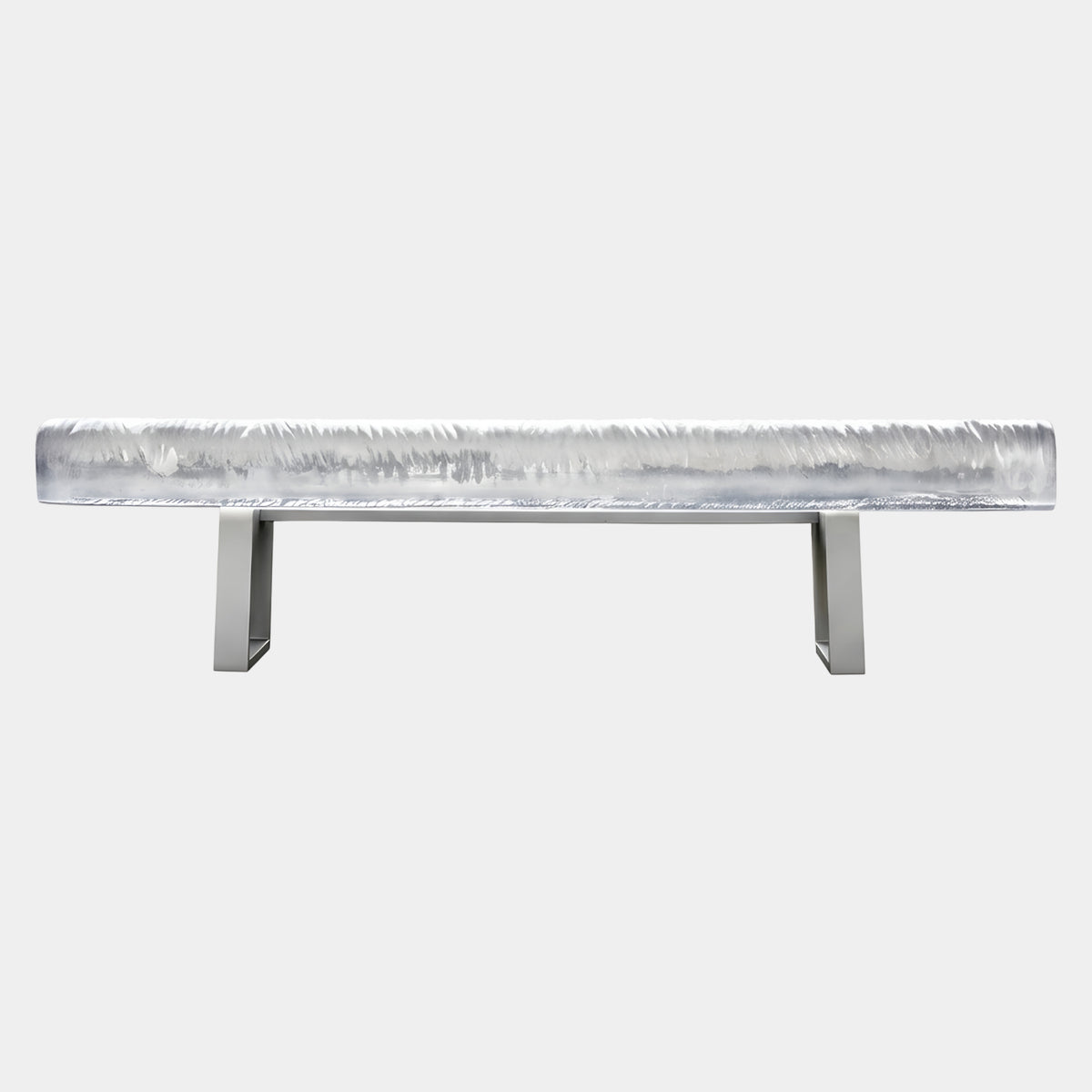 Clear Torn Edge Acrylic Bench on Brushed Frame, 150cm, with a thick clear acrylic seat torn along both long edges, set on a brushed metal base, shown against a plain white background.