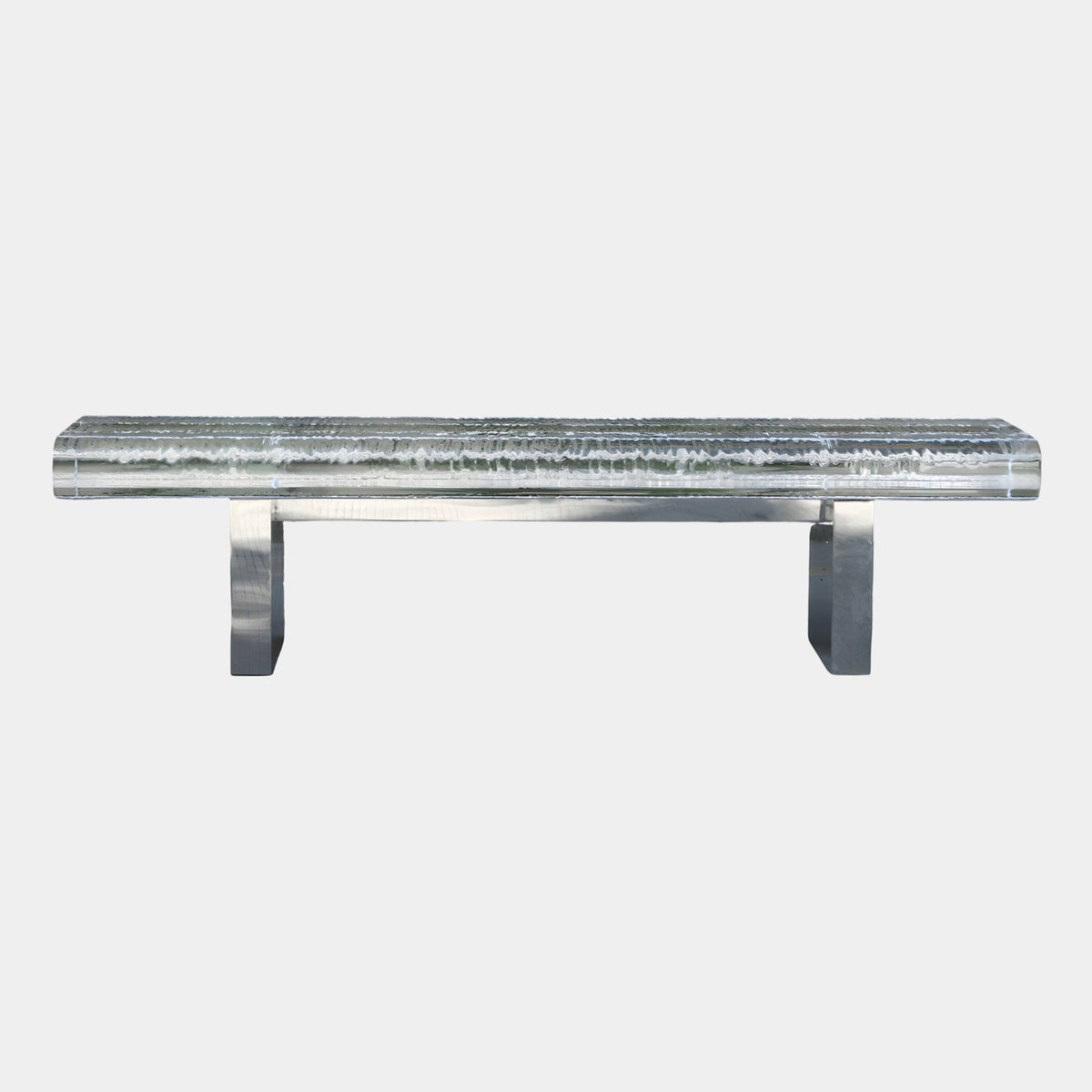 Clear Furrowed Slab Acrylic Bench on Polished Frame (180cm) by Giant Sculptures, ridged acrylic seat on a mirror-polished steel frame, shown on a plain white background.