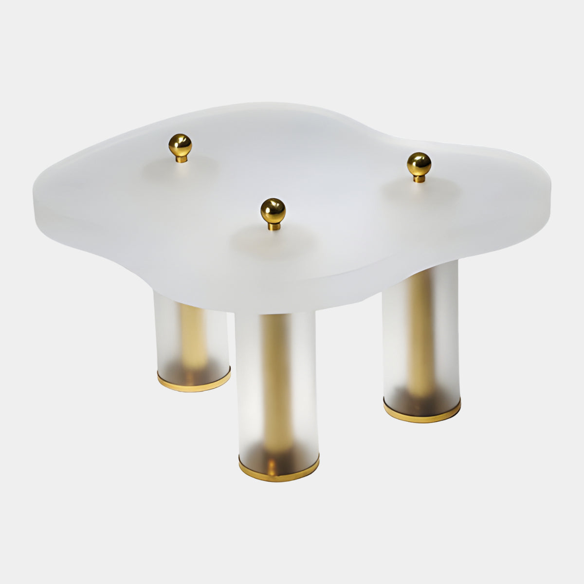 White Lobed Top Acrylic Low Table on Brass Collars, 73cm, with opal white three-lobed top, brass ball accents, and translucent cylinder legs on a white background.