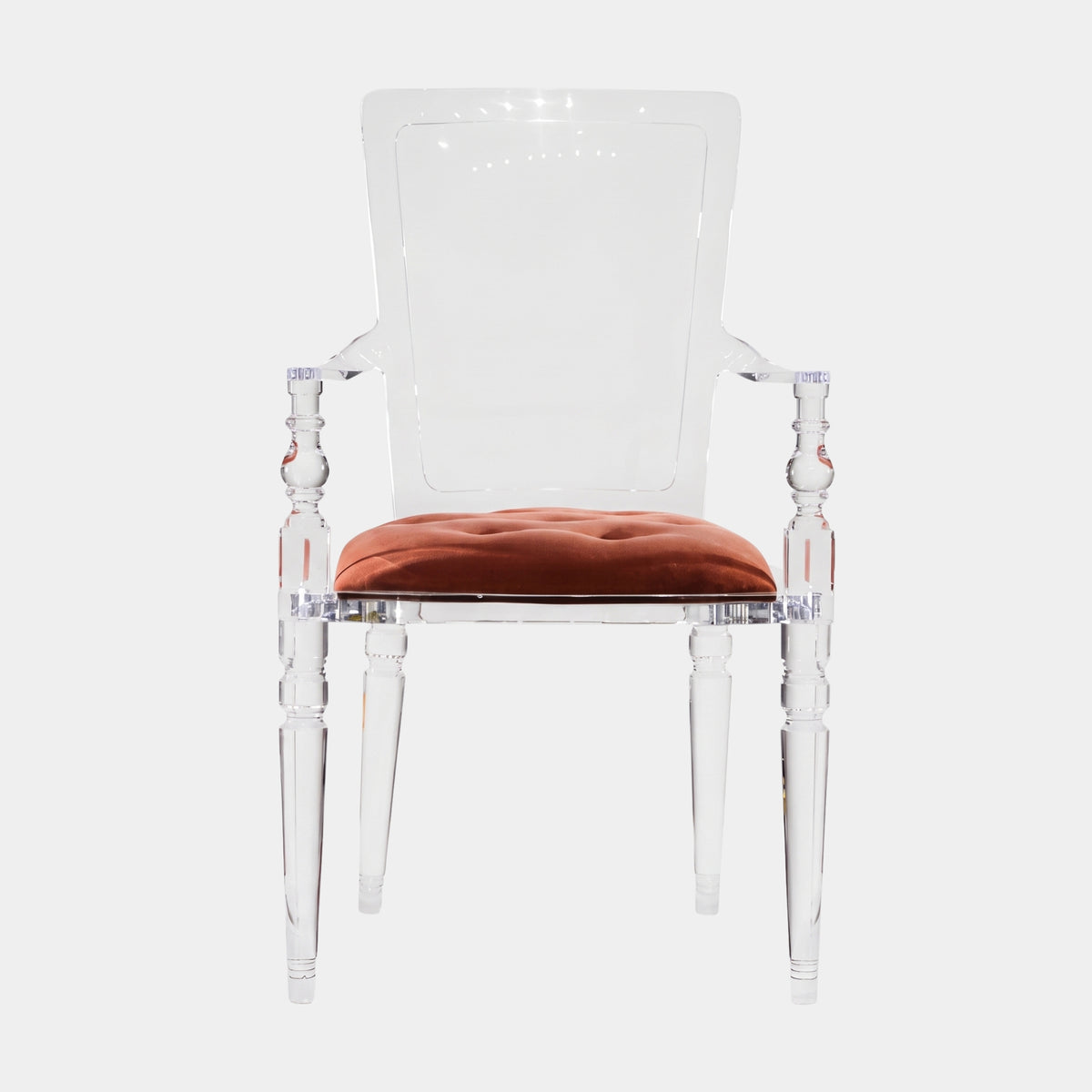 Clear Turned Leg Acrylic Armchair with Buttoned Seat - 102cm, classical clear acrylic frame with turned legs and an orange tufted cushion, on a plain white background.
