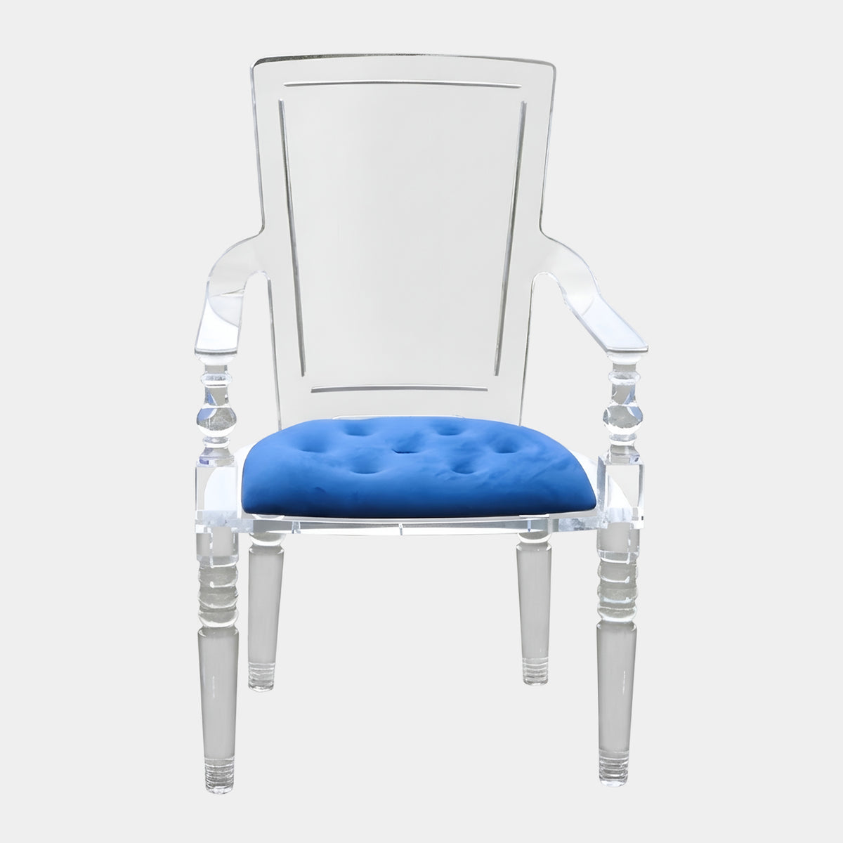 Clear Turned Leg Acrylic Armchair with Blue Buttoned Seat - 102cm
