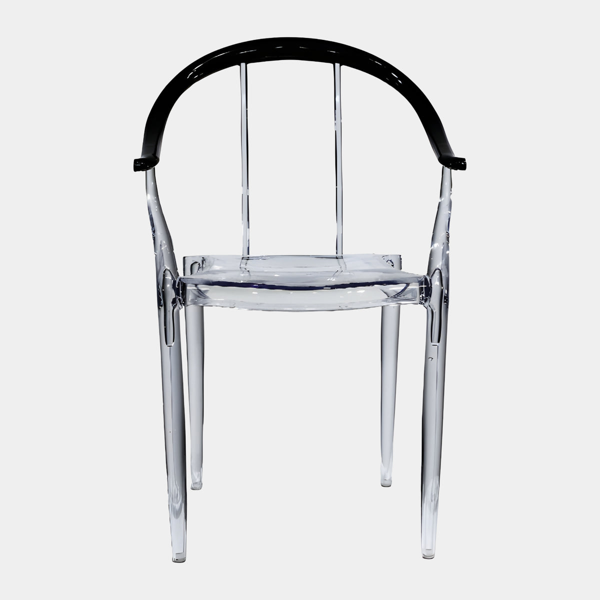 Clear Horseshoe Crest Acrylic Armchair with Black Rail, 85cm, front view on a plain white background, showing tapered legs and curved black crest rail.