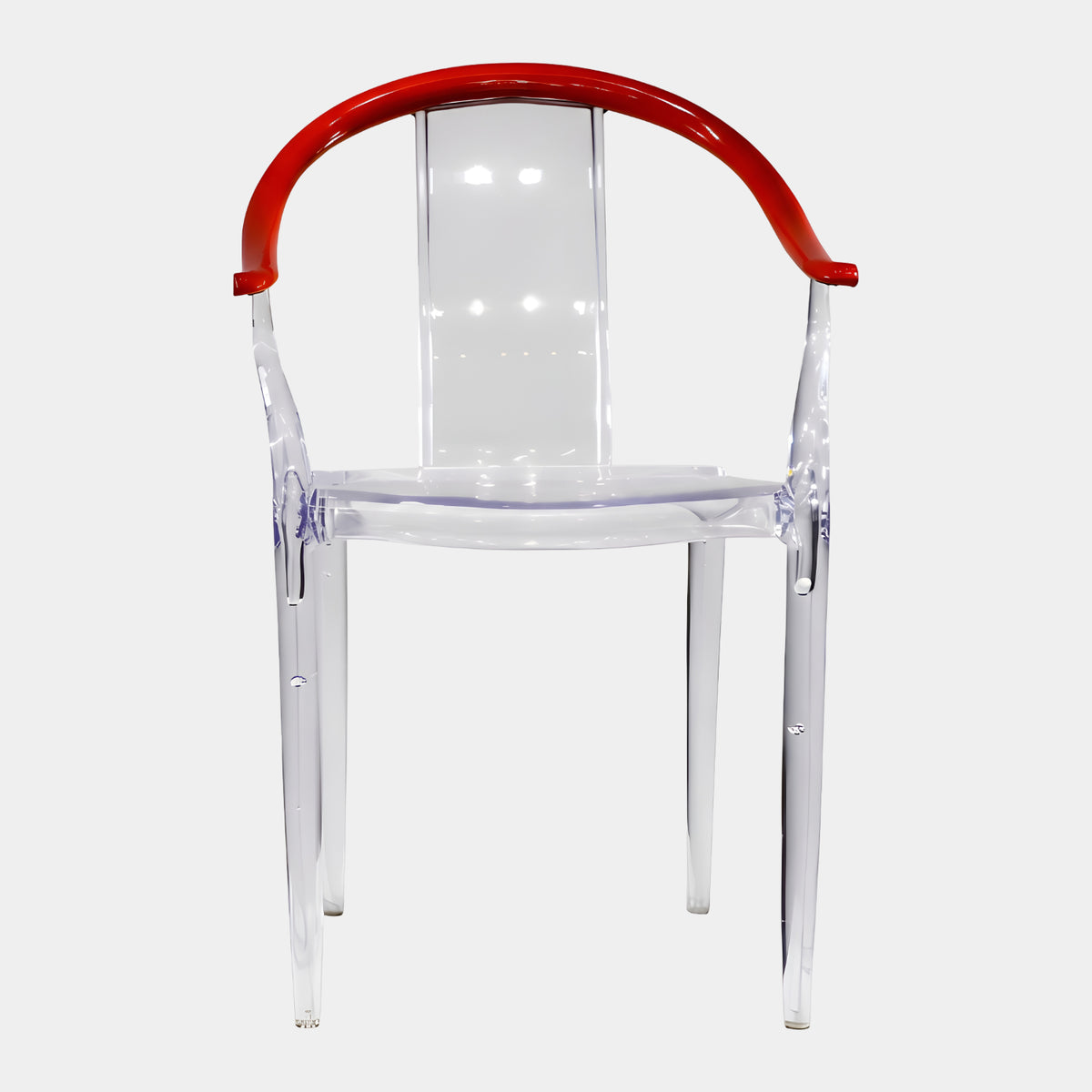Clear Horseshoe Crest Acrylic Armchair with Red Rail - 85cm