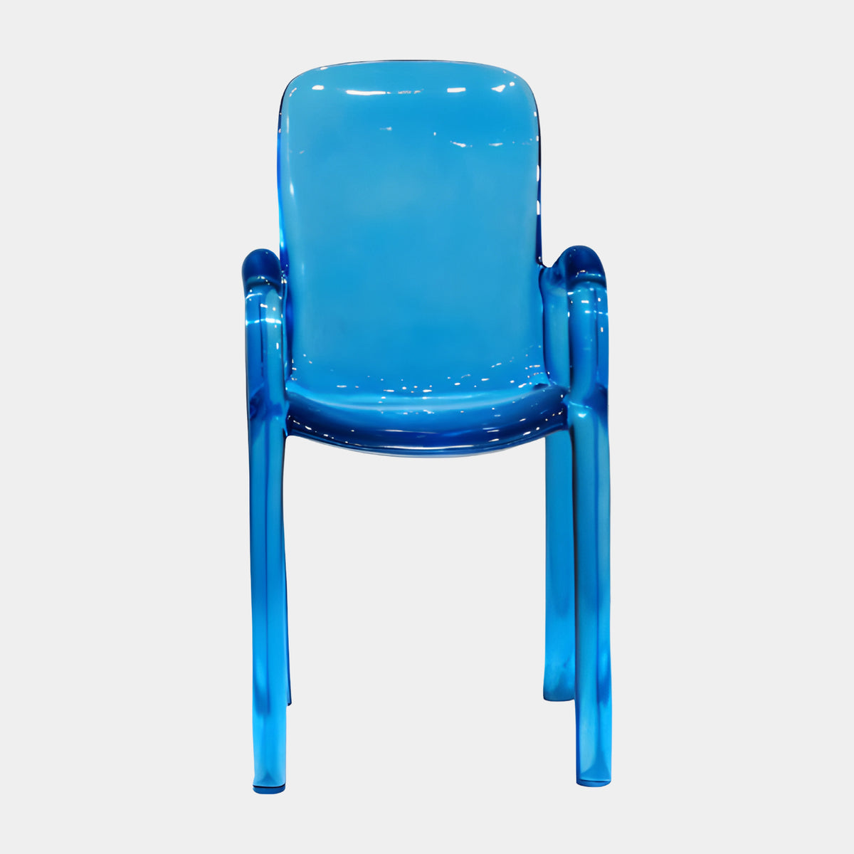 Blue Moulded Shell Acrylic Chair with Tubular Arms, 86cm, translucent blue acrylic with rounded back, dished seat, and tubular arms, shown front view on a plain light background.