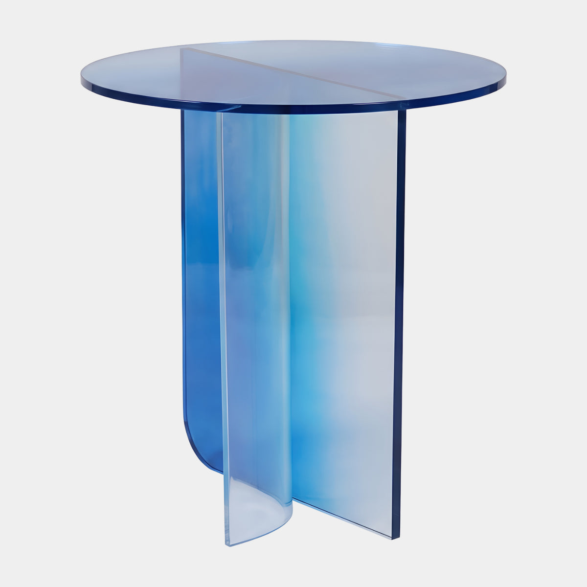 Blue Round Acrylic Side Table on Curved & Flat Blades, 43cm, with a round blue top on intersecting acrylic blades, shown on a plain white background.