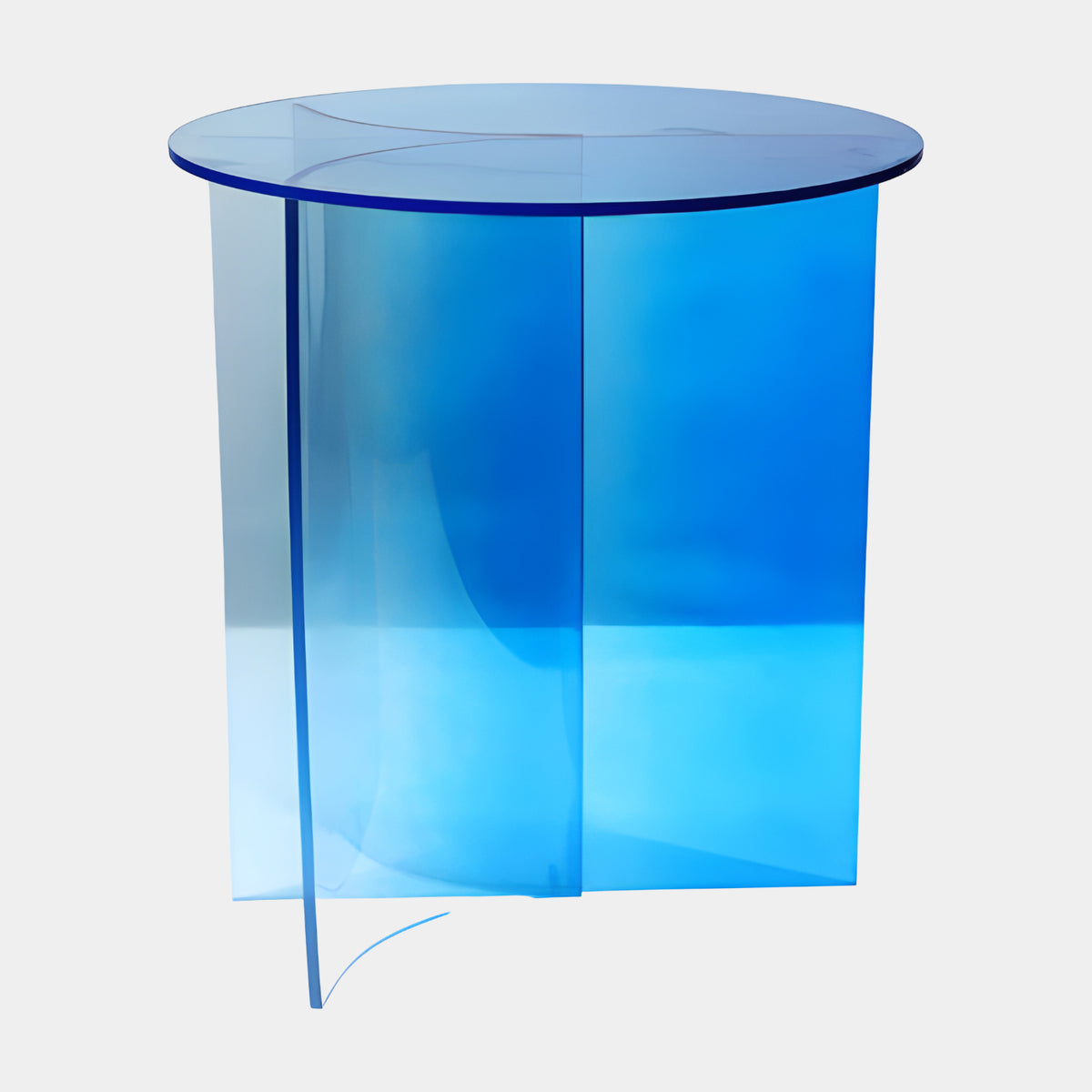 Blue Graded Round Acrylic Side Table on Rolled Sheet (55cm) by Giant Sculptures, round acrylic top over a curved rolled-sheet base, blue fading to pale at the bottom, on a plain white background.