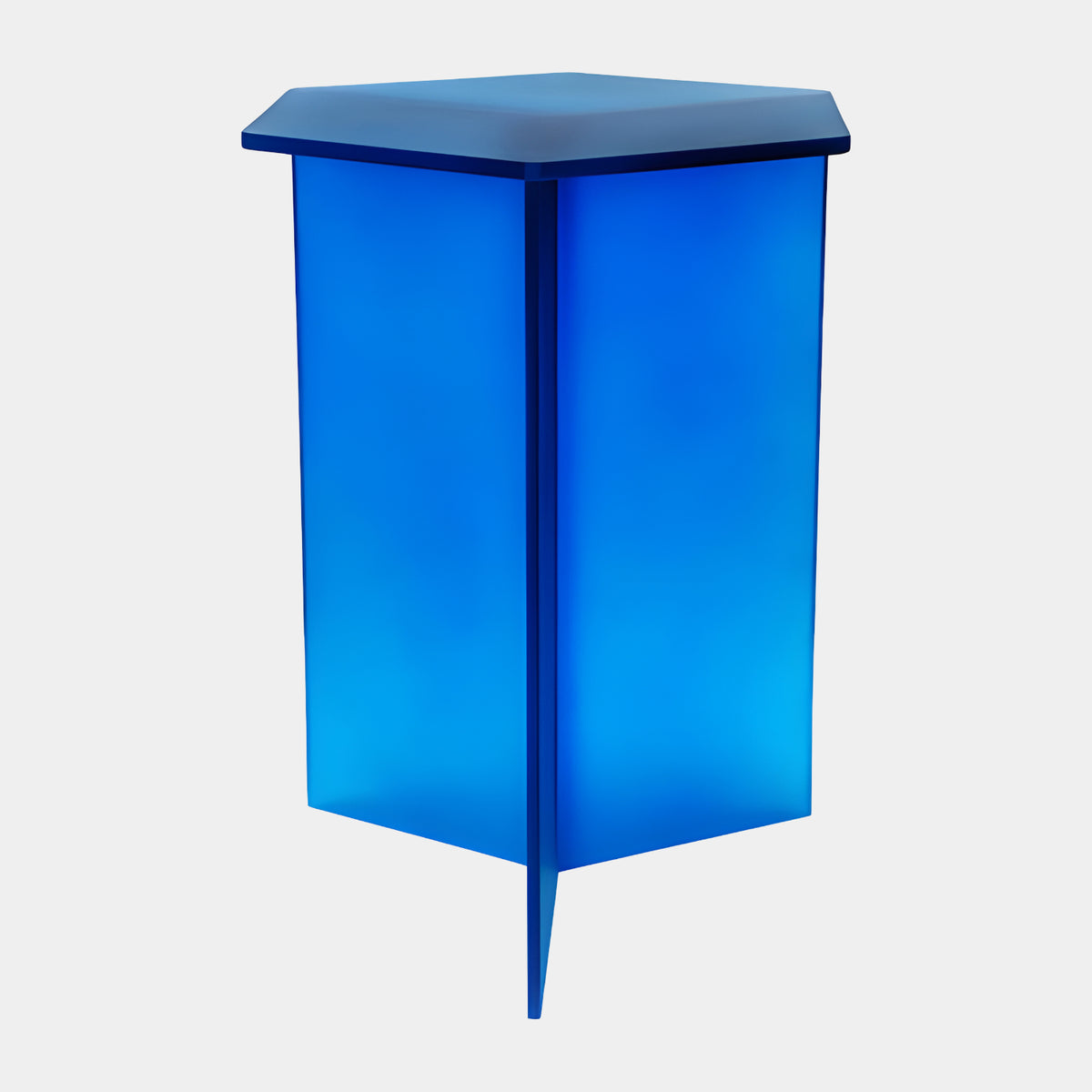 Blue Hexagonal Top Acrylic Side Table on Three Panels, 50cm, in solid satin blue acrylic with a hexagonal top, shown on a plain white background.