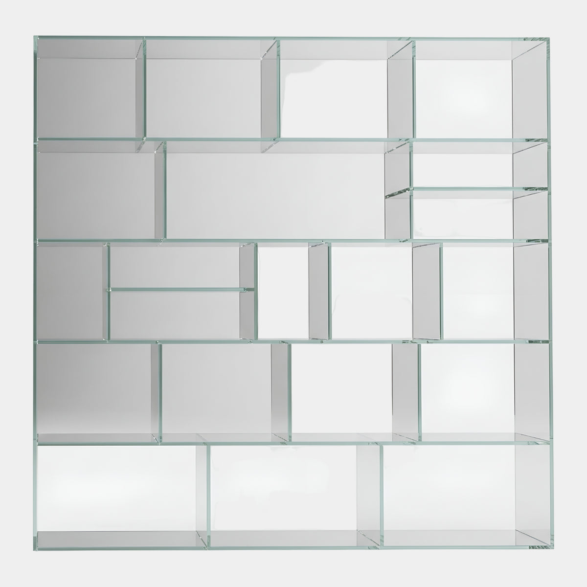 Clear Open Frame Acrylic Shelving Unit - 210cm, a square clear acrylic bookcase with uneven geometric compartments, shown against a plain white background.