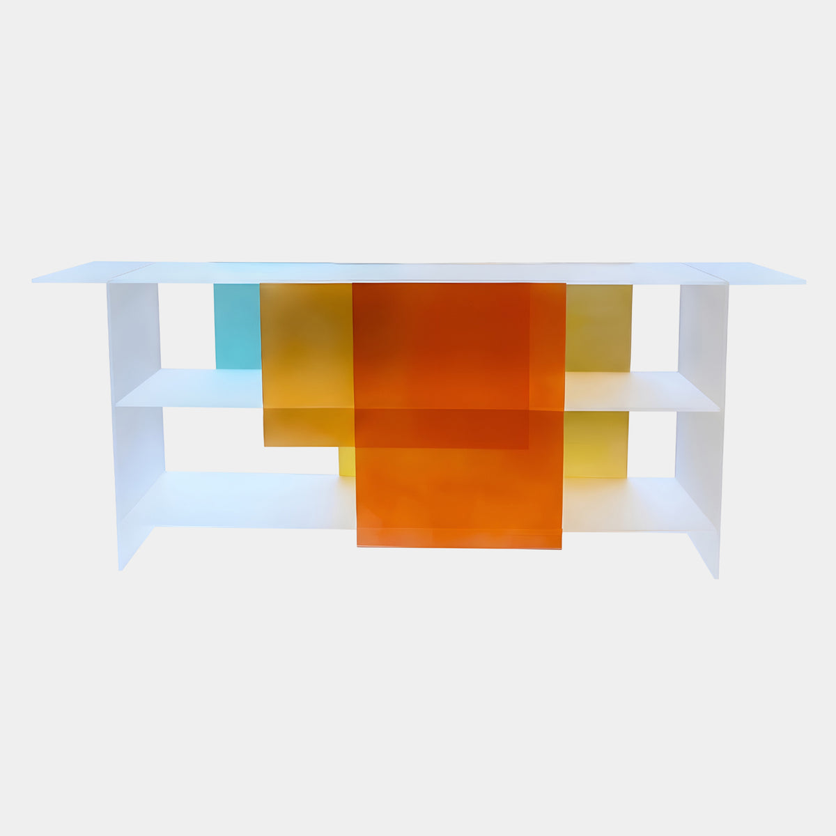 White Frame Acrylic Shelving Unit with Colour Panels, 200cm, frosted white frame with translucent orange, amber and pale blue vertical panels, shown on a plain light background.