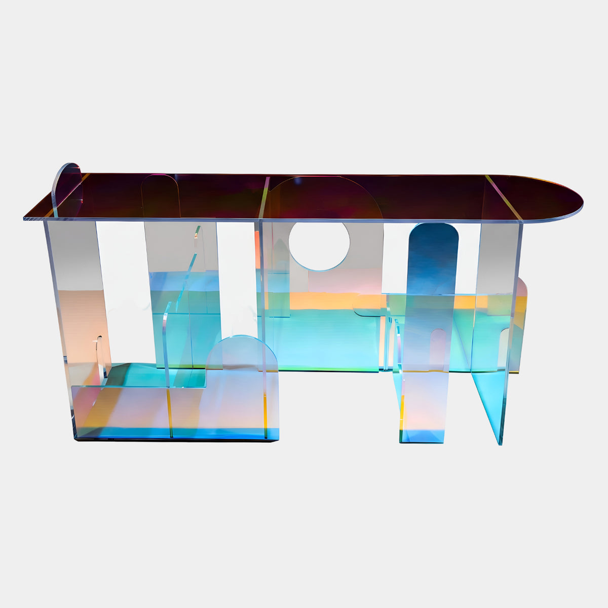 Iridescent Acrylic Console Table with Arched Cut Panels, 150cm, dichroic acrylic shifting blue, teal, pink and amber tones, shown on a plain white background.