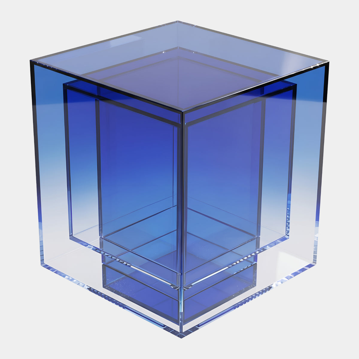 Blue Graded Nested Cube Acrylic Side Table - 55cm, an open acrylic cube with a smaller nested cube inside, color graded from deep blue at top to clear at base, shown on a plain white background.