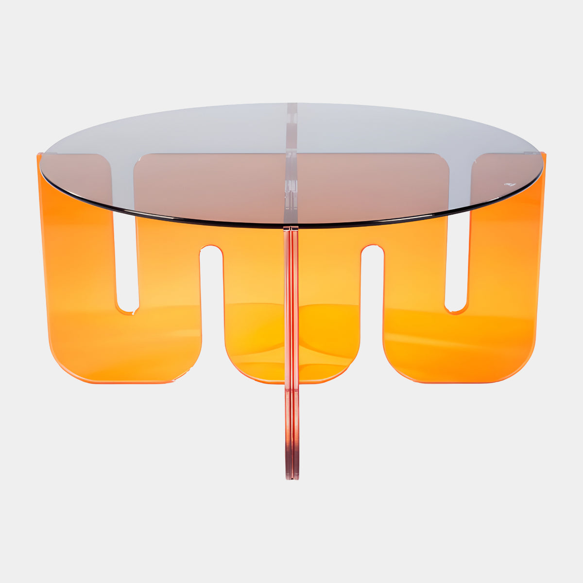 Orange Arched Panel Acrylic Low Table with Grey Top (82cm) by Giant Sculptures, showing a smoked grey round top over four crossed arched orange acrylic panels, on a plain white background.