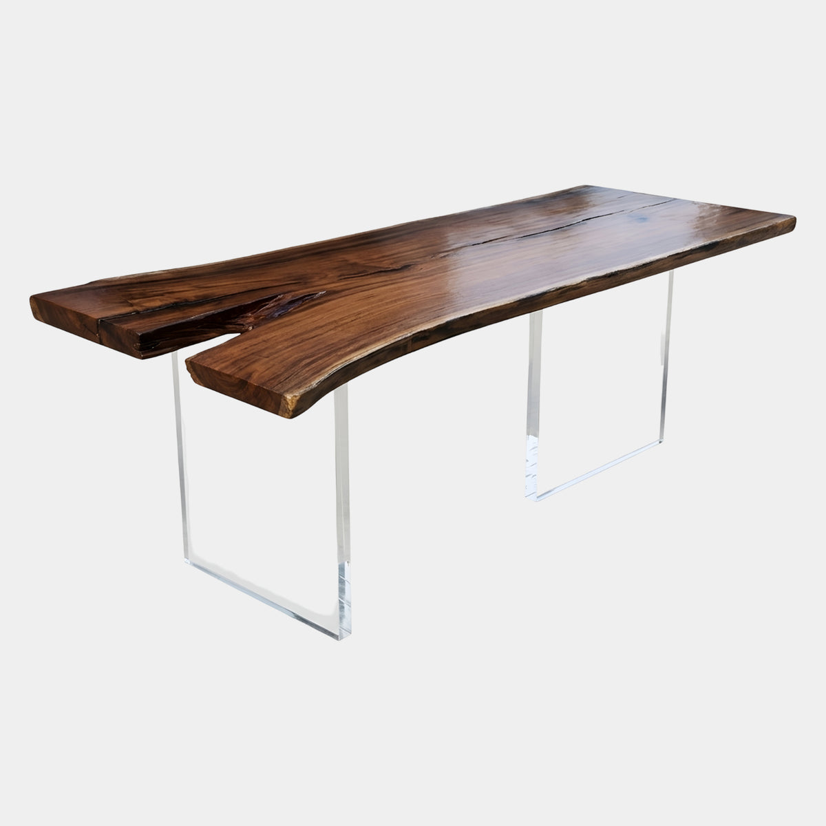 Brown Live Edge Timber Dining Table on Clear Legs, 200cm, with waney edge and sapwood line on clear acrylic panel legs, shown on a plain light background.