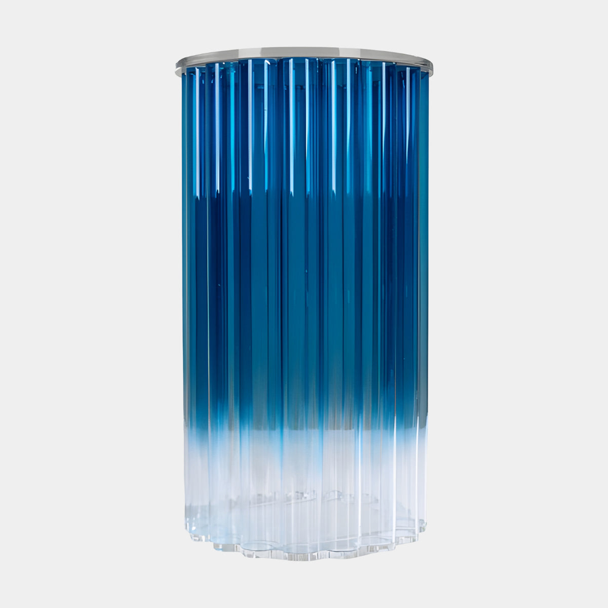 Blue Graded Rod Bundle Acrylic Plinth, 49cm, with vertical rods shifting from deep blue to clear and a flat silver top plate, on a plain white background.