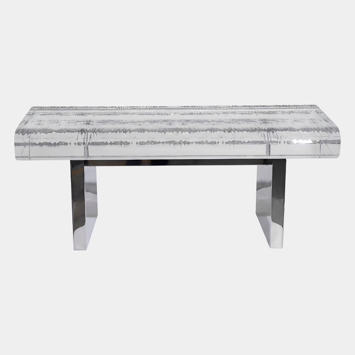 Clear Striated Slab Acrylic Bench on Steel Trestle, 100cm, with horizontal brushed-water texture on acrylic seat and mirror-polished steel base, shown on a plain white background.