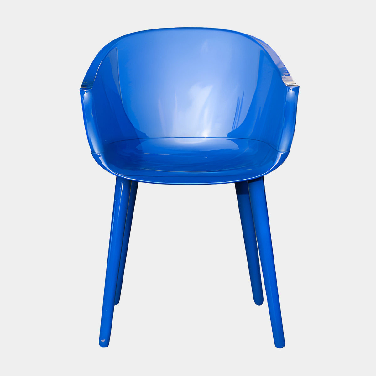 Blue Tub Acrylic Armchair on Tapered Legs - 79cm, a glossy blue acrylic tub chair with curved arms and four tapered legs, shown front-facing on a plain white background.