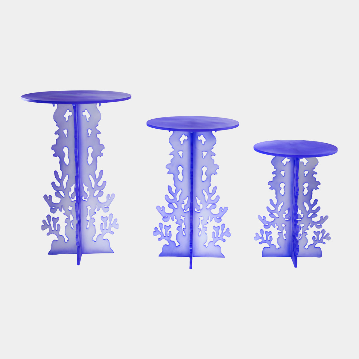 Purple Coral Cut Acrylic Side Tables Set of Three, 110cm, three translucent coral-patterned pedestal tables at stepped heights with round tops, on a plain white background.